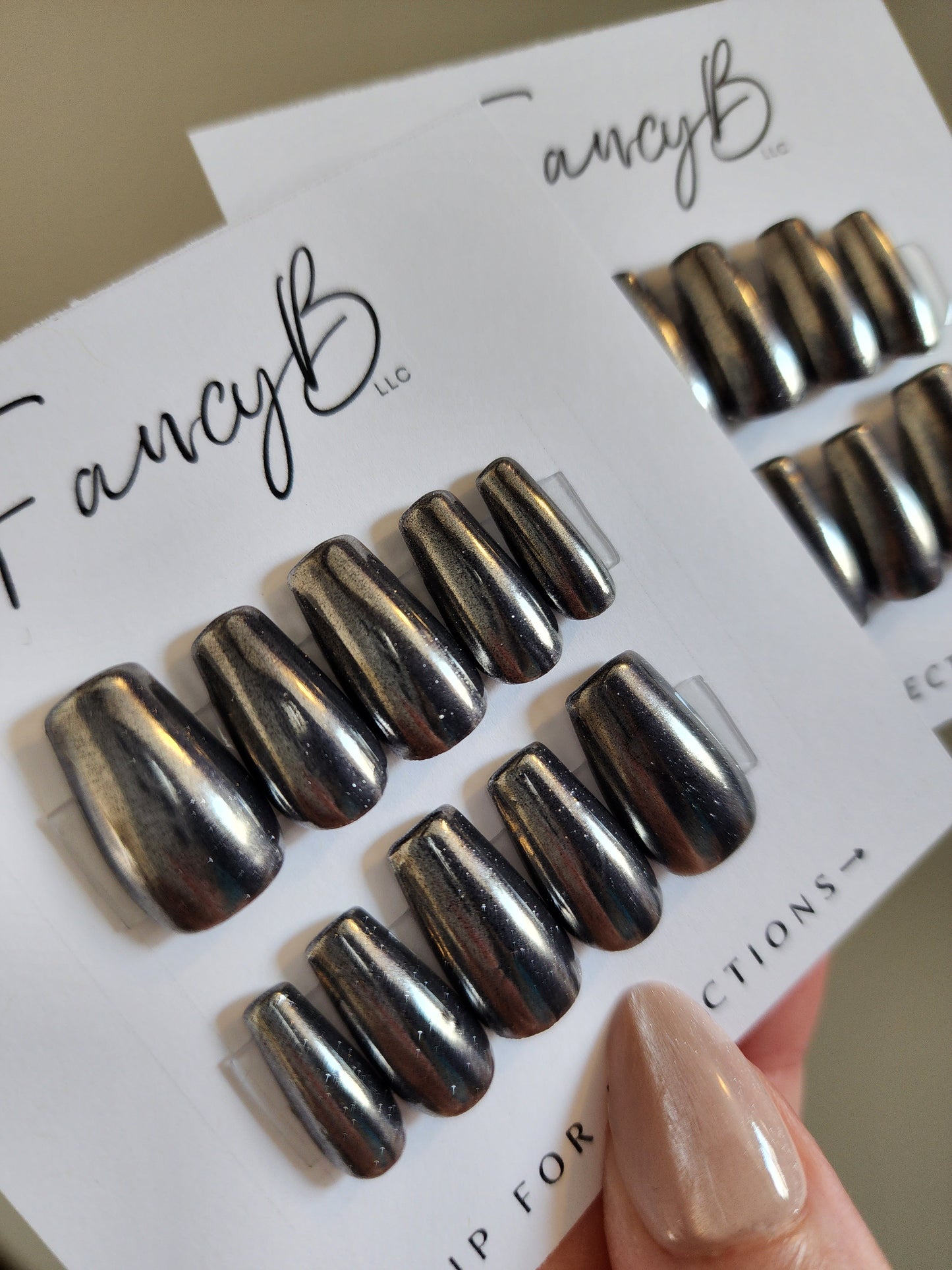silver chrome press on nails dark grey chrome in short coffin shape