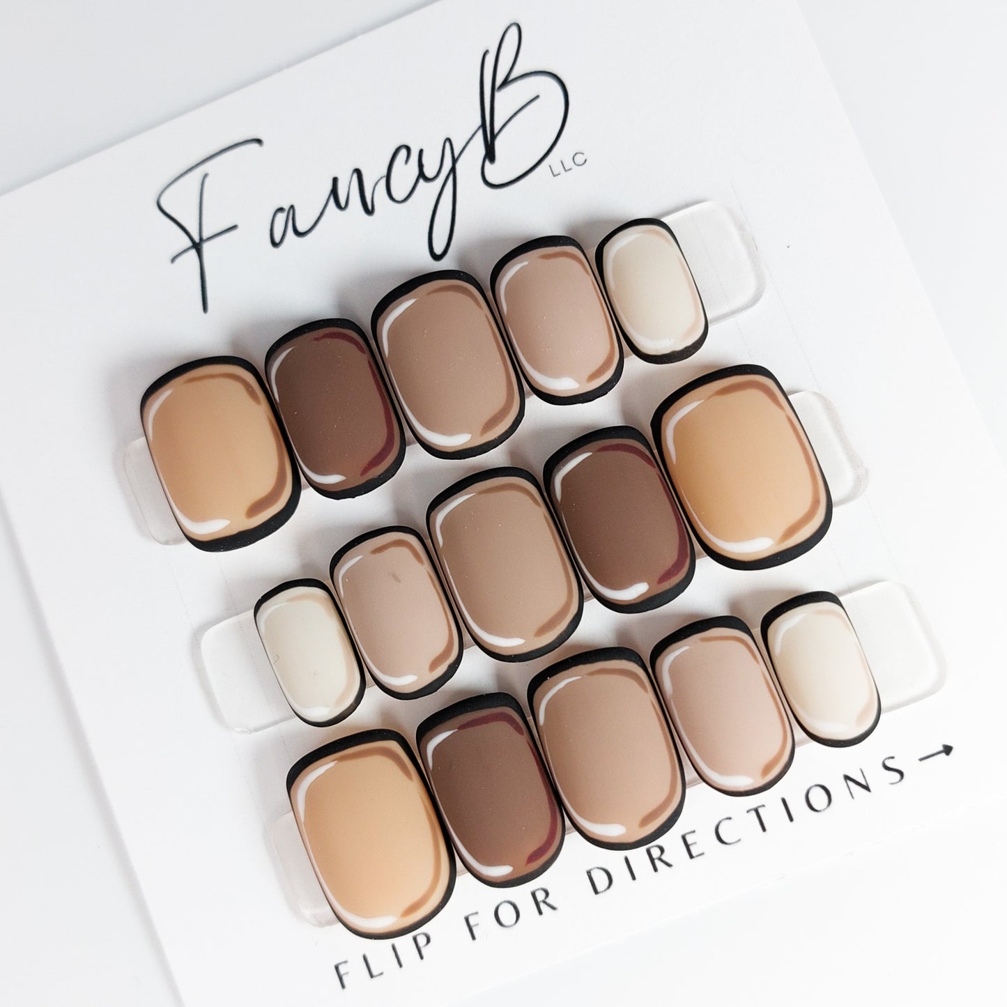 Nude gradient cartoon pop art press on nails, from light beige to soft brown in short stiletto shape.