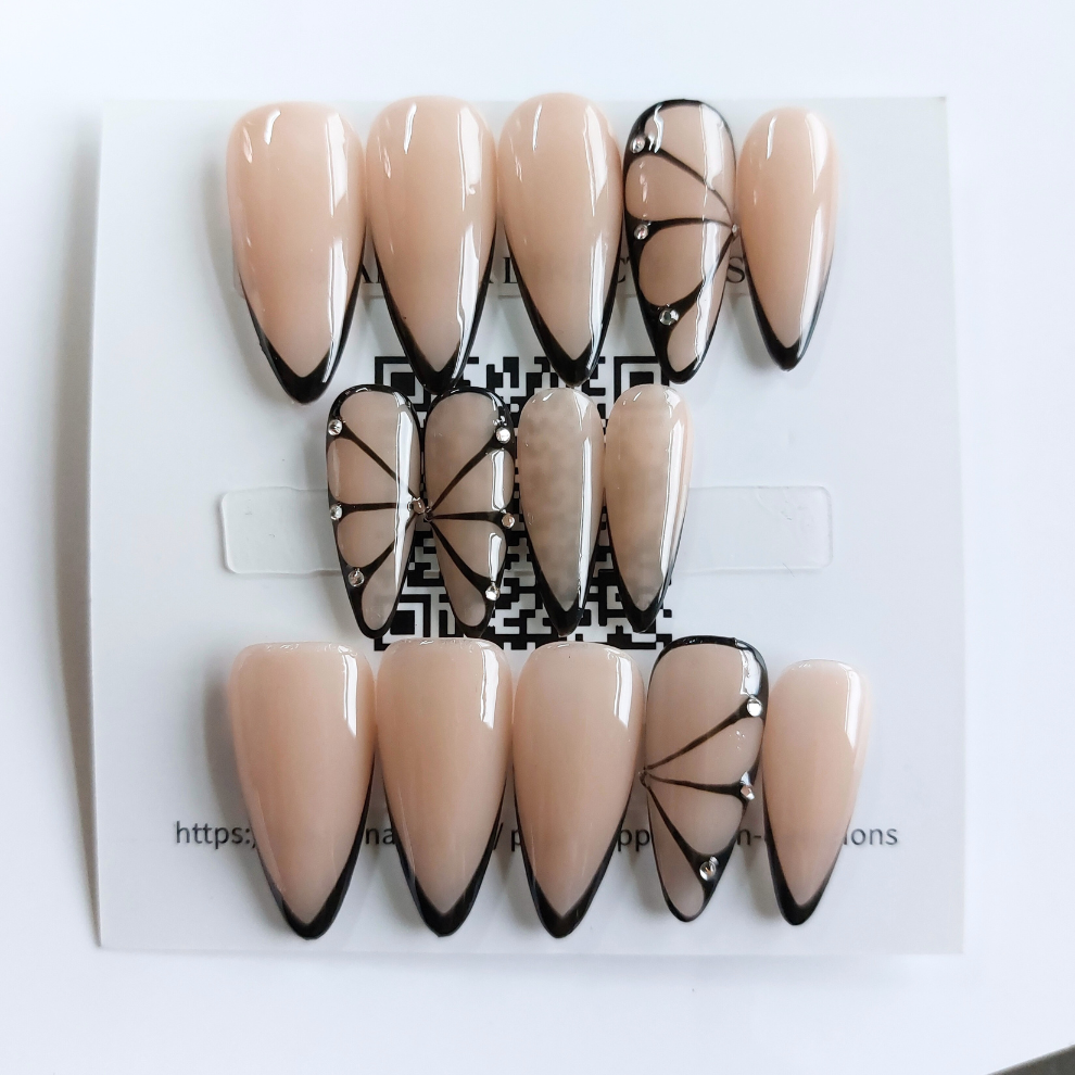 Black Butterfly Wing Nails (24pcs) - Long Stiletto