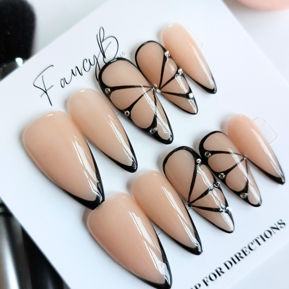 Black Butterfly Wing Nails (24pcs) - Long Stiletto