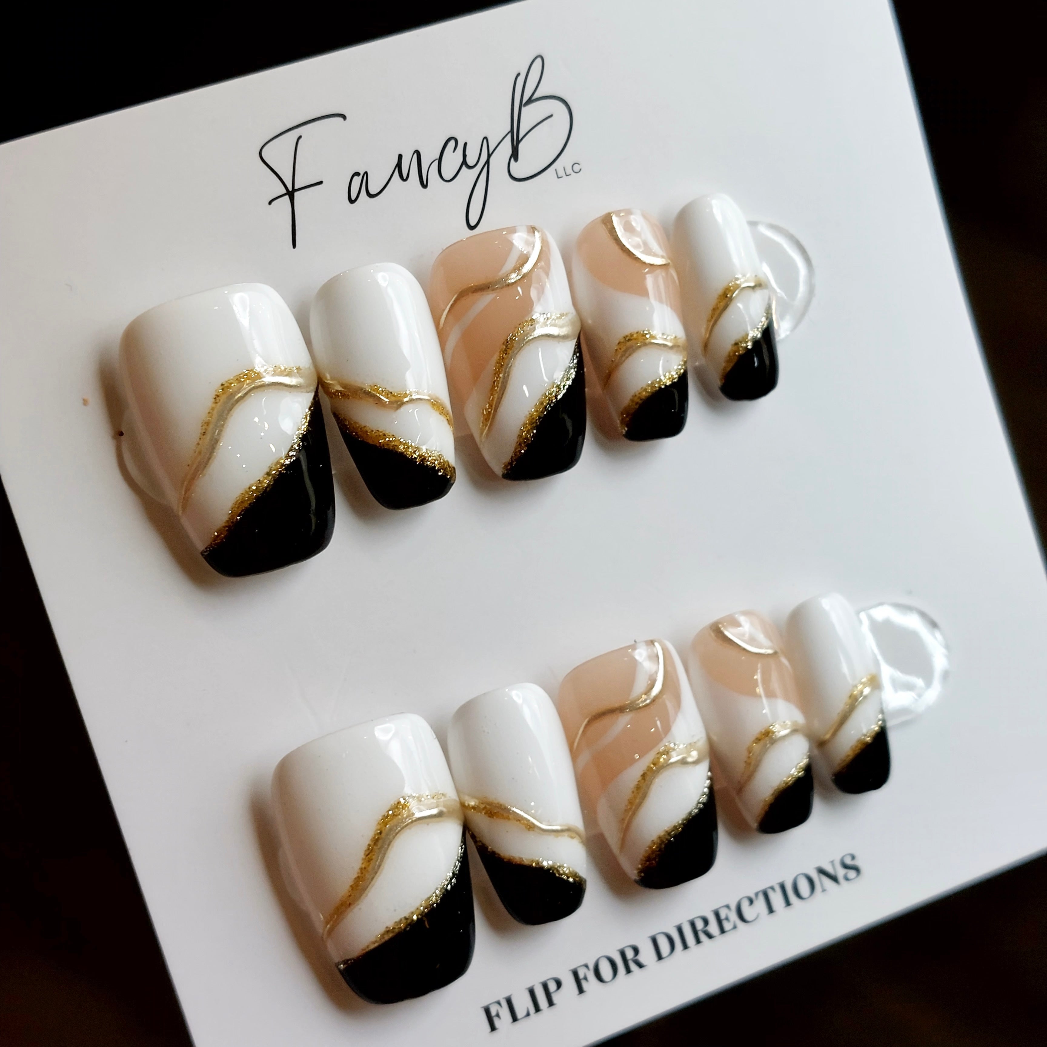 Black, White, and Gold Chrome Nails (24pcs)