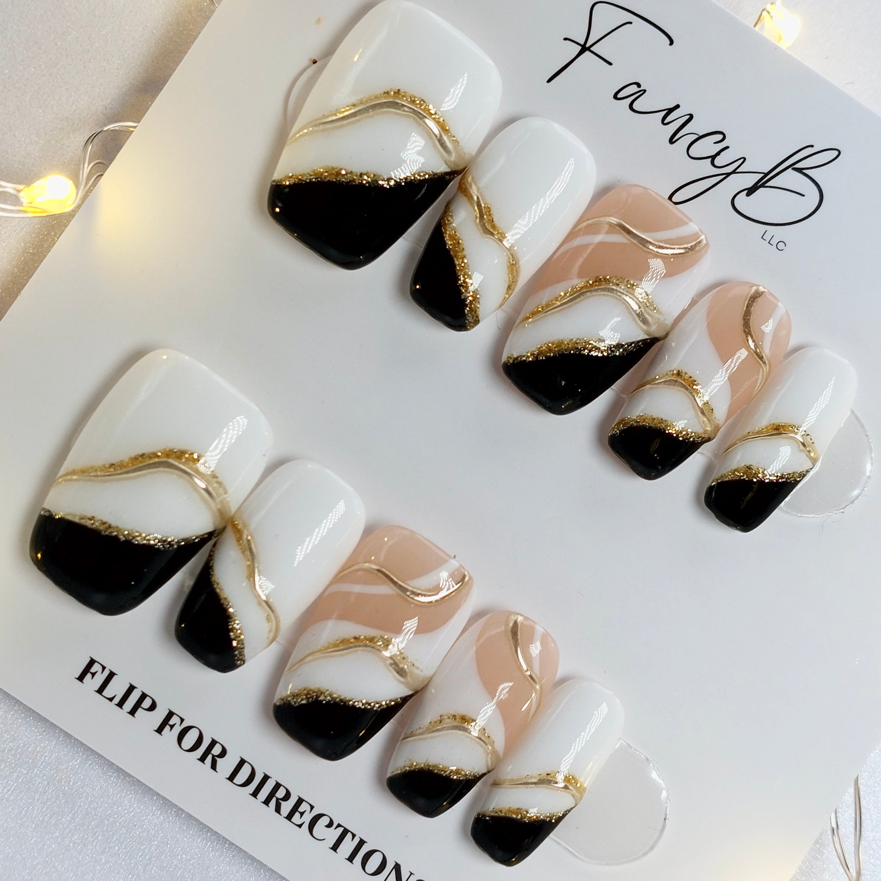 Black, White, and Gold Chrome Nails (24pcs)
