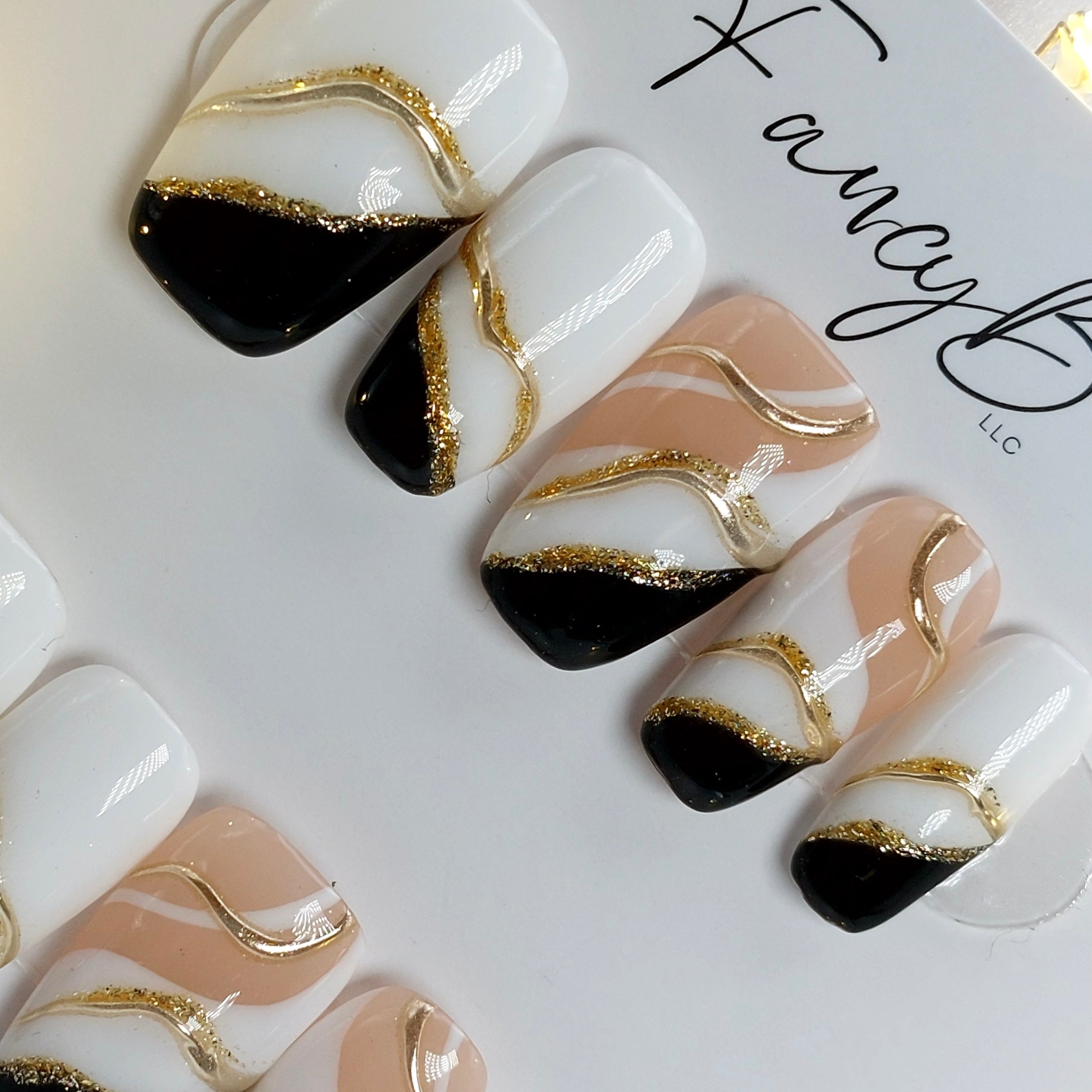 Black, White, and Gold Chrome Nails (24pcs)