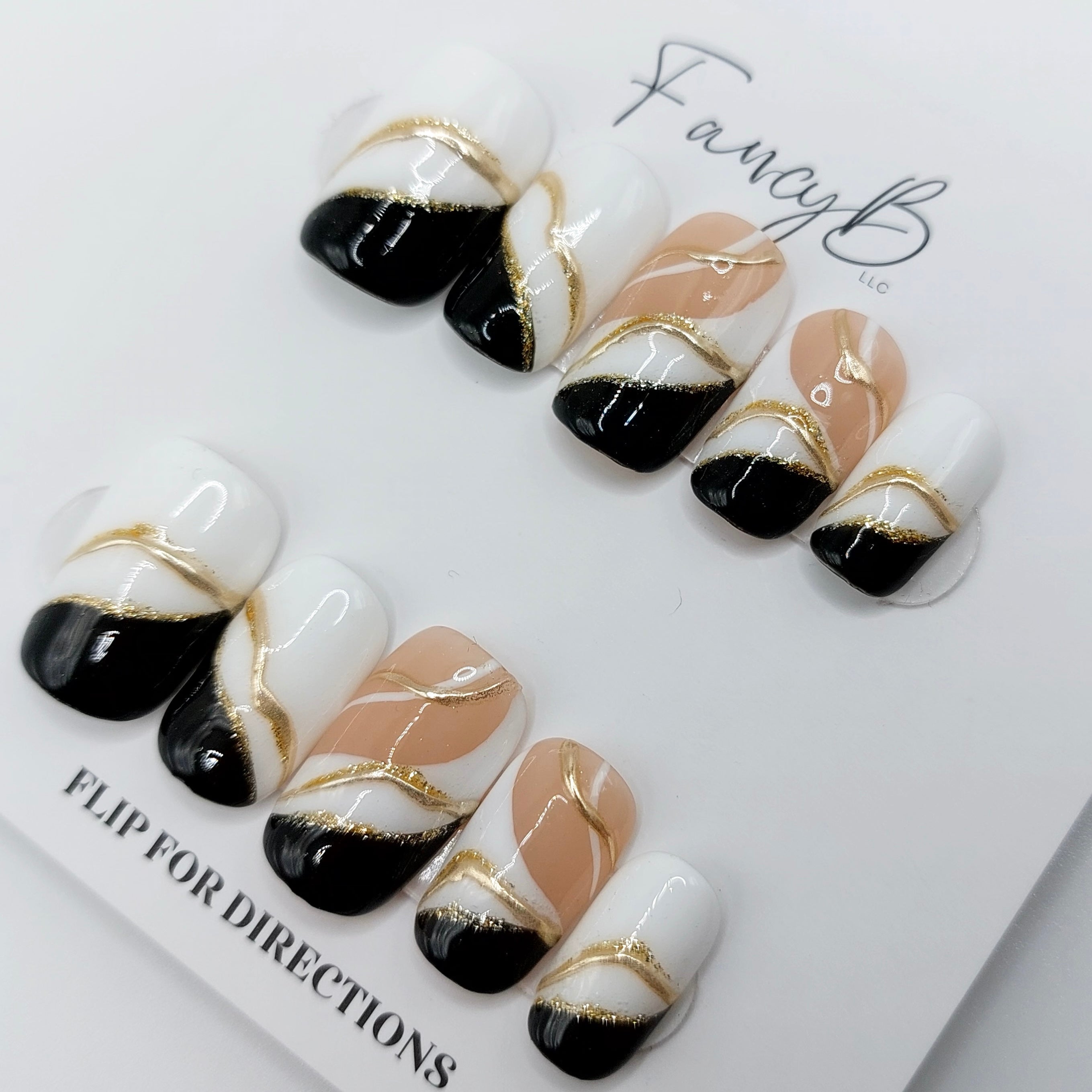 Black, White, and Gold Chrome Nails (24pcs)