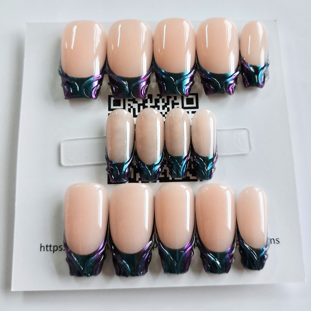 Purple & Blue Chrome French Nails (24pcs) - Medium Coffin