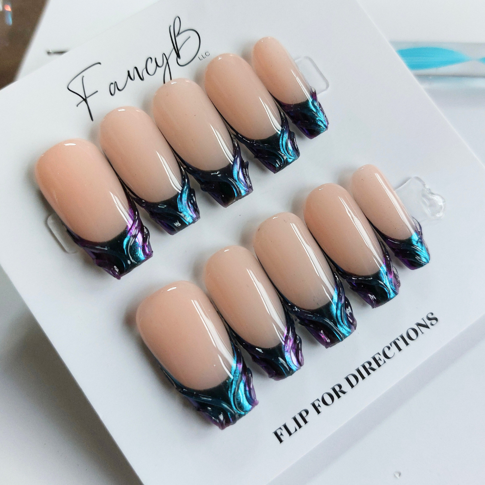 Purple & Blue Chrome French Nails (24pcs) - Medium Coffin