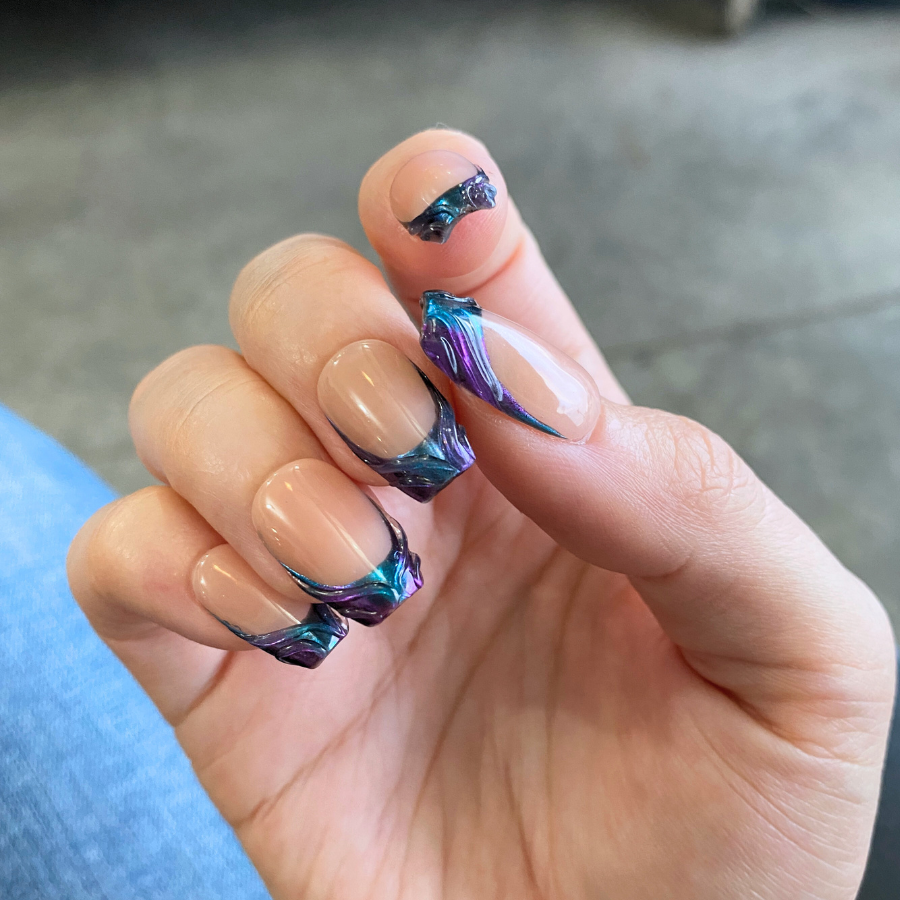 Purple & Blue Chrome French Nails (24pcs) - Short Coffin