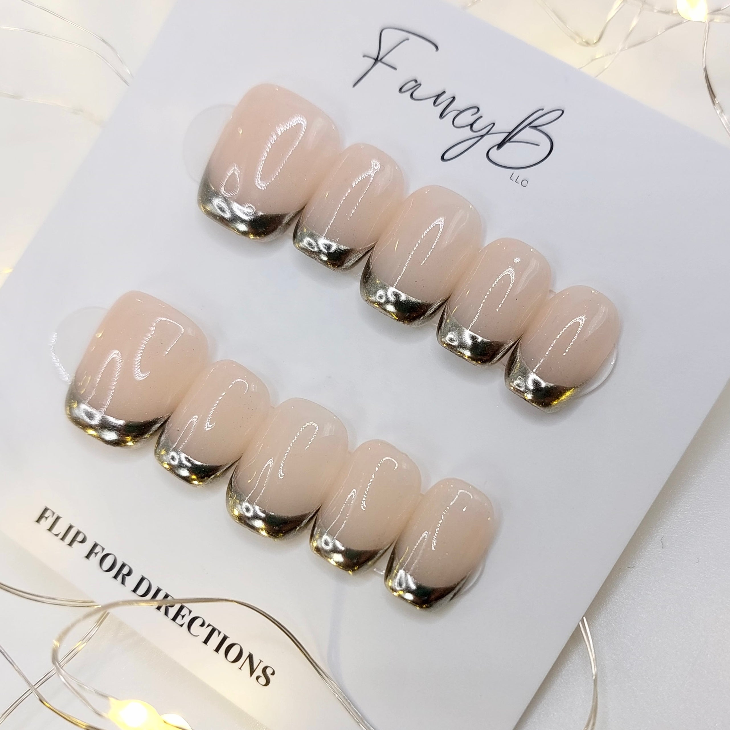 3d Chrome French Tip Nails - (20pcs) Short Squoval