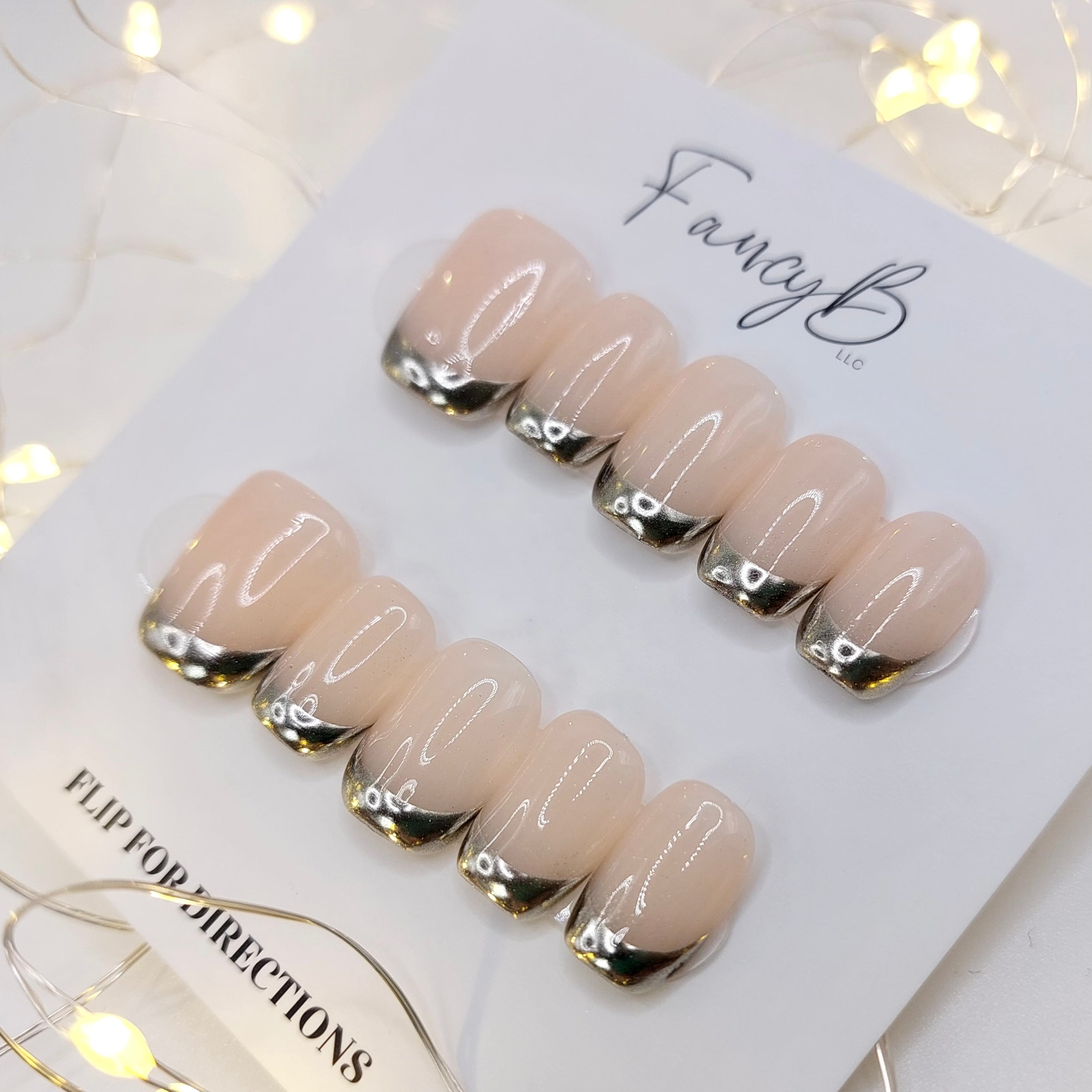 3d Chrome French Tip Nails - (20pcs) Short Squoval