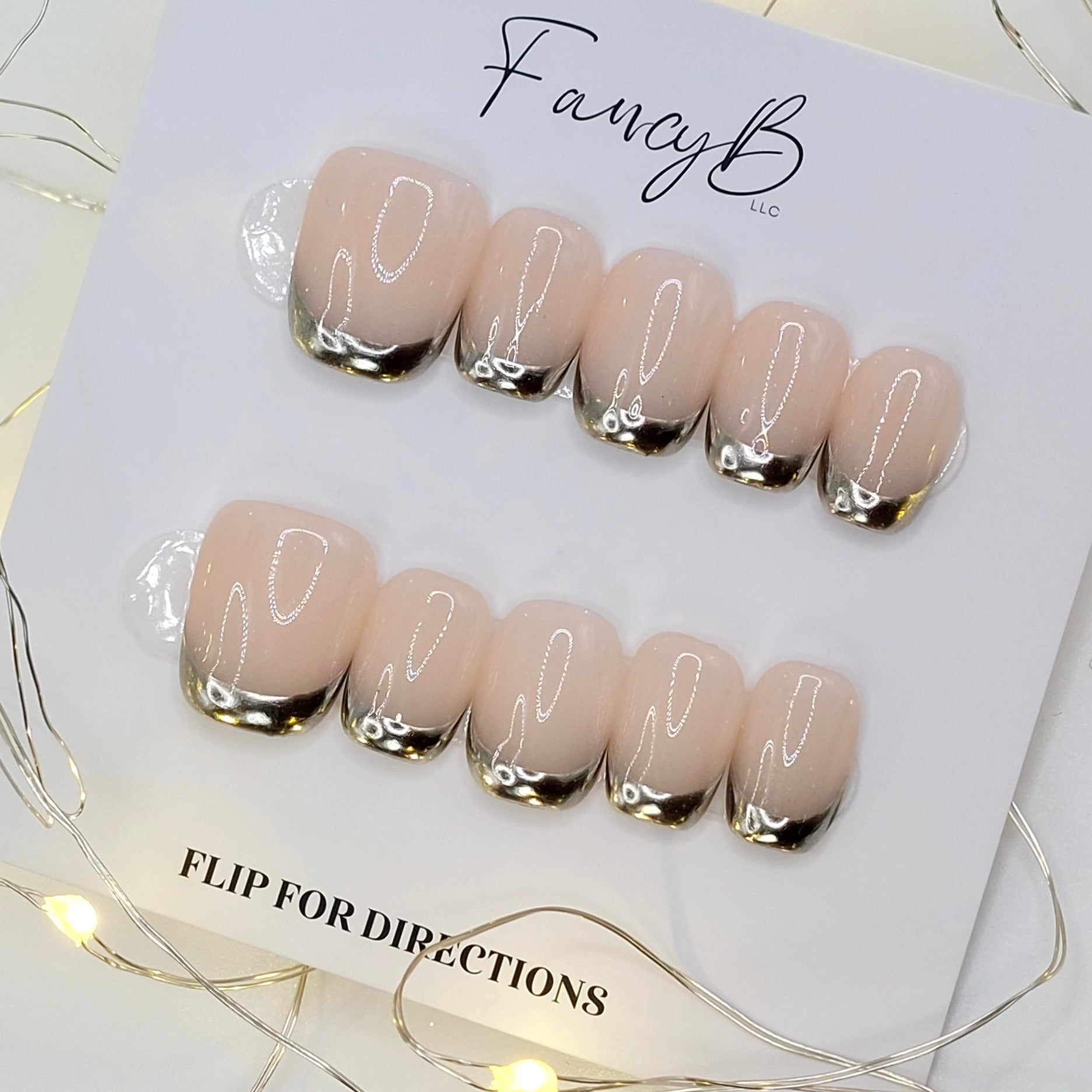 3d Chrome French Tip Nails - (20pcs) Short Squoval