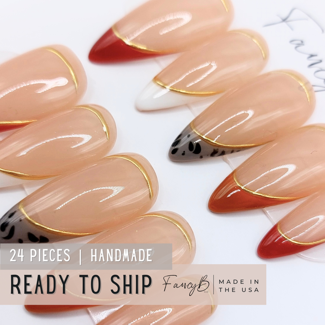 Ready to ship press on nails with 24 pieces including all sizes. Handmade reusable press on nails for sale.