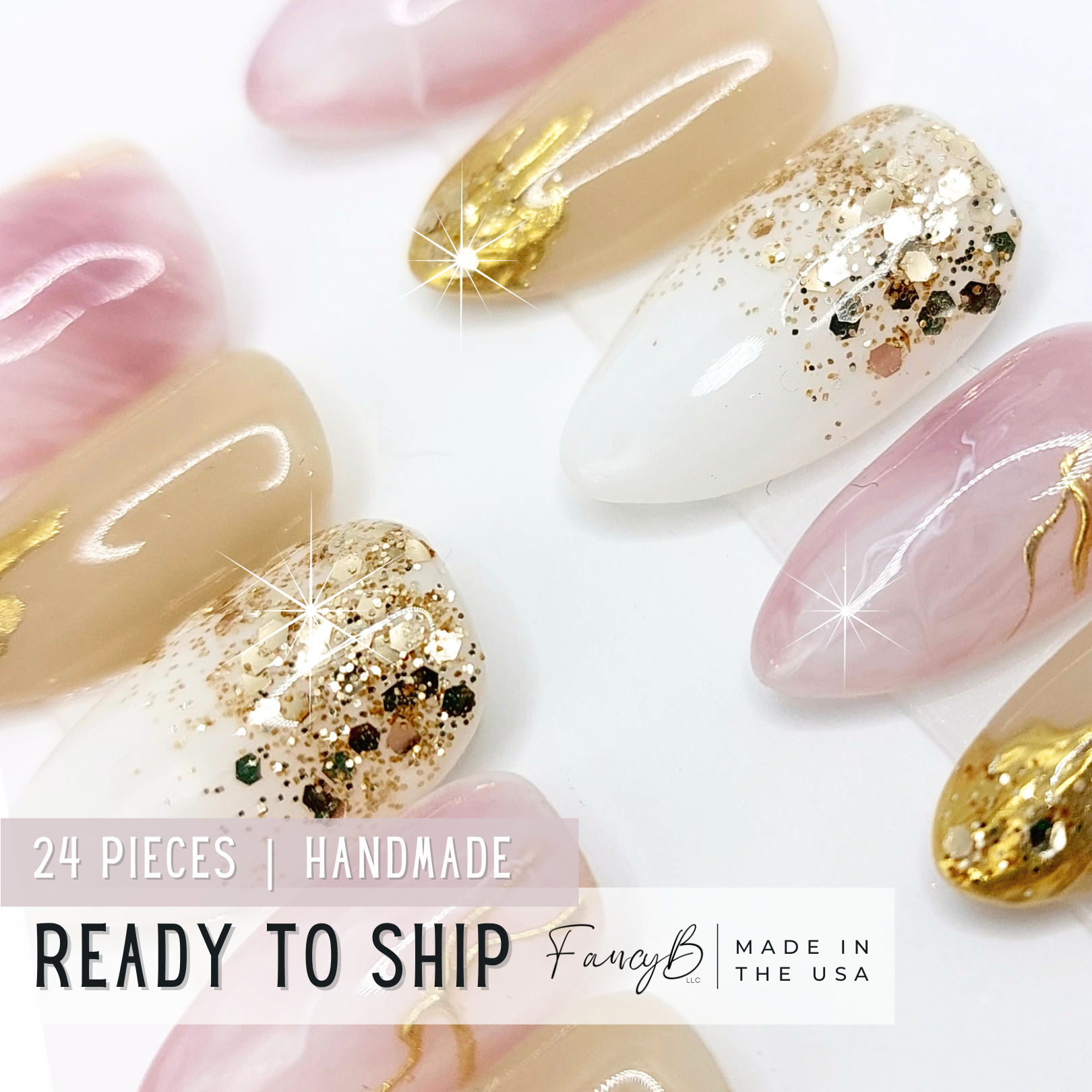 Ready to ship press on nails with 24 pieces including all sizes. Handmade reusable press on nails for sale.