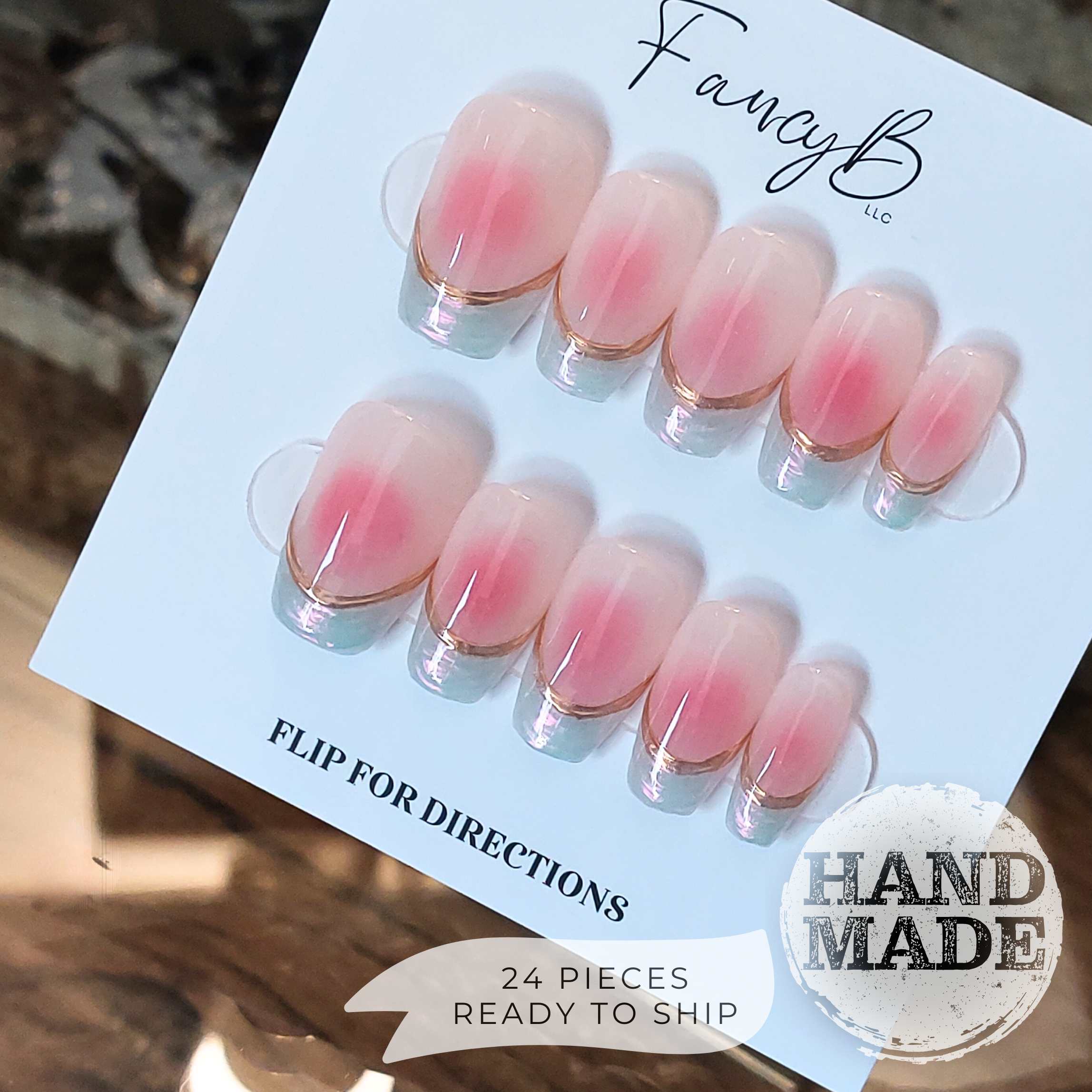 Blush jelly nails, blush press on nails with pink center and nude base gel, gold chrome french lines and pearl french tips, reusable nails. FancyB press on nails shown in short coffin.