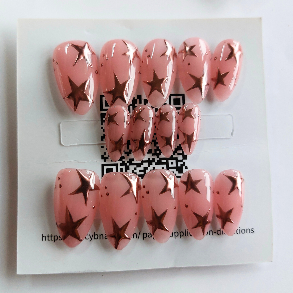 Pink Chrome Star Nails (24pcs) - Medium Almond