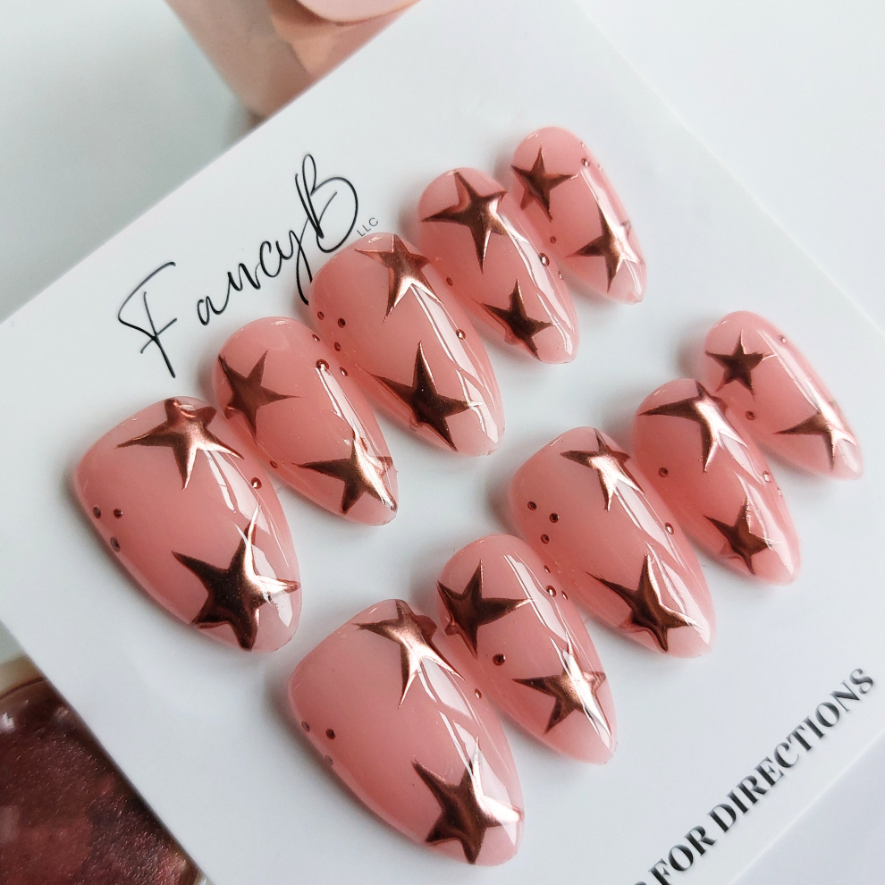 Pink Chrome Star Nails (24pcs) - Medium Almond