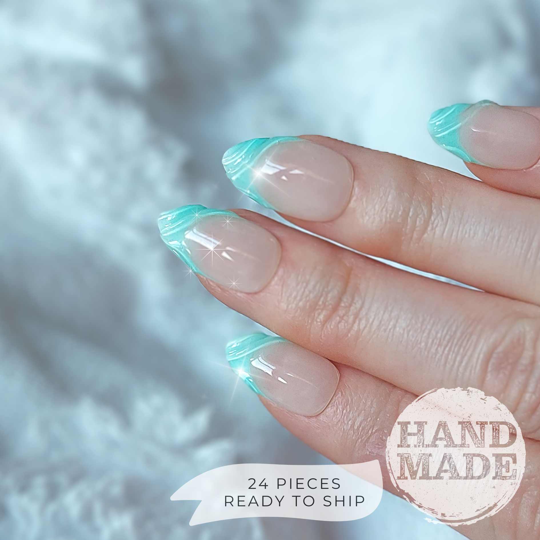 Cyan french tips with 3d swirls, bright mint blue french tip press on nails. Handmade reusable press on nails from FancyB Nails show in short almond.