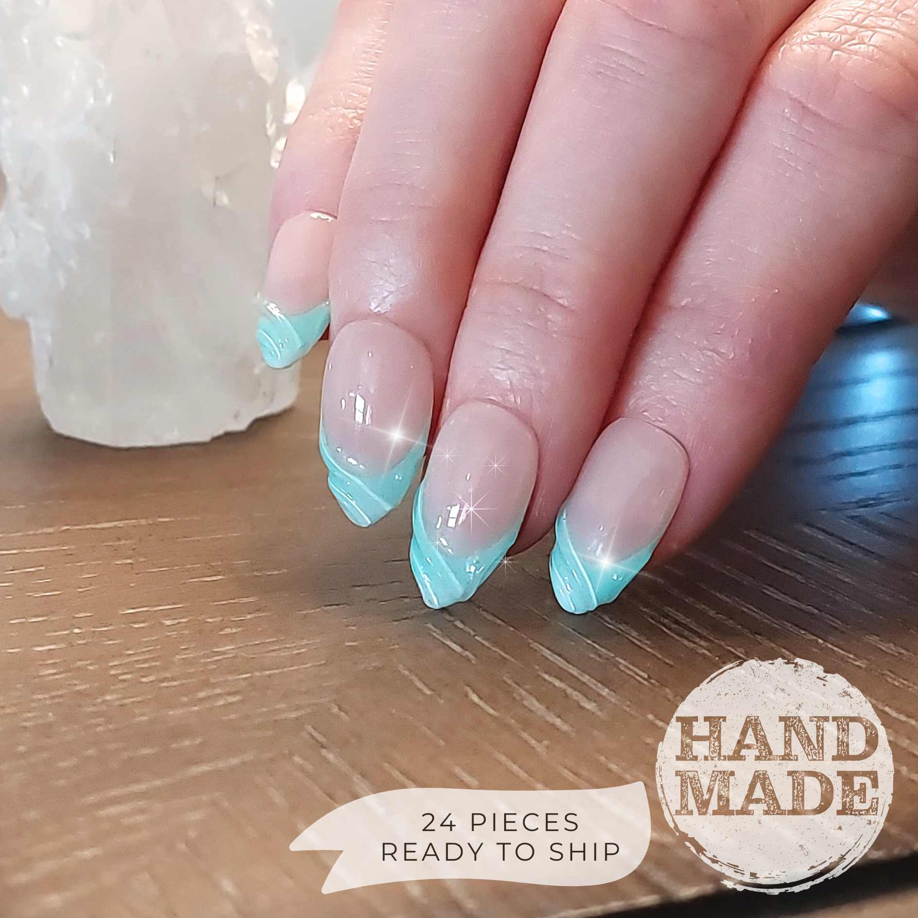 Cyan french tips with 3d swirls, bright mint blue french tip press on nails. Handmade reusable press on nails from FancyB Nails show in short almond.