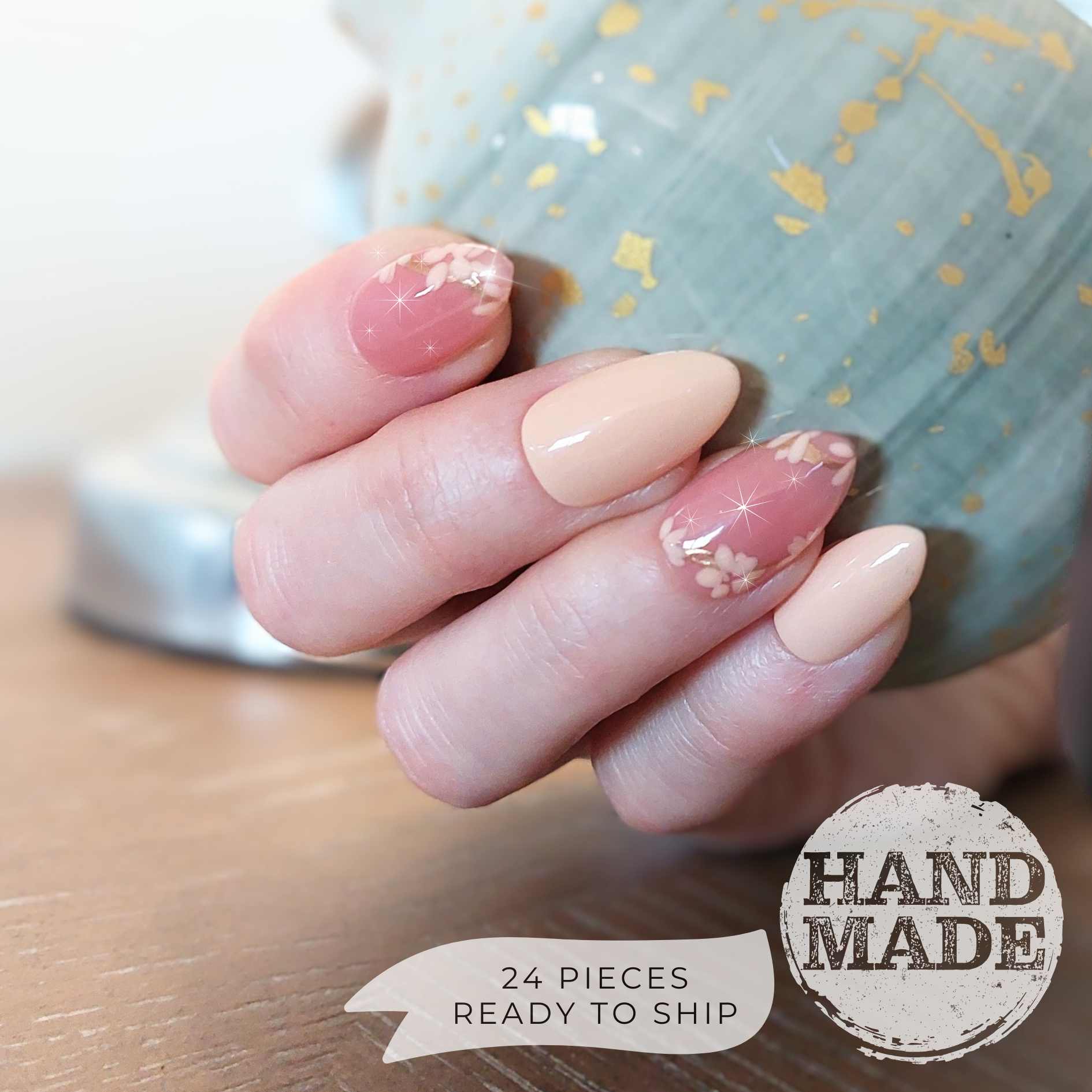 Peach and pink floral nails, flower press on nails with gold details, 24 piece reusable nails. Handmade FancyB Nails in Short Almond.