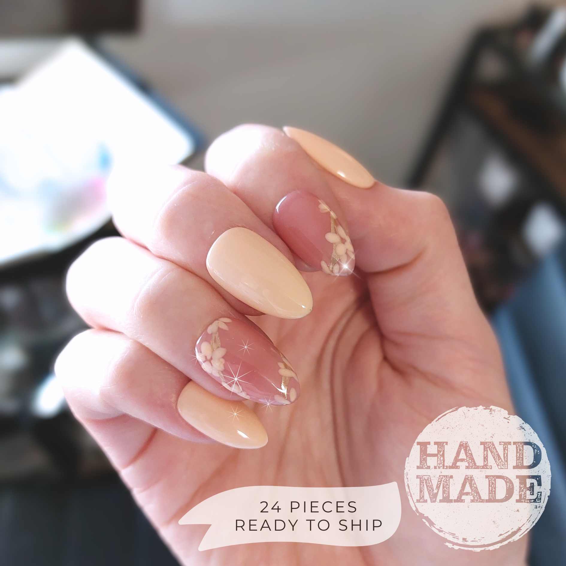 Peach and pink floral nails, flower press on nails with gold details, 24 piece reusable nails. Handmade FancyB Nails in Short Almond.