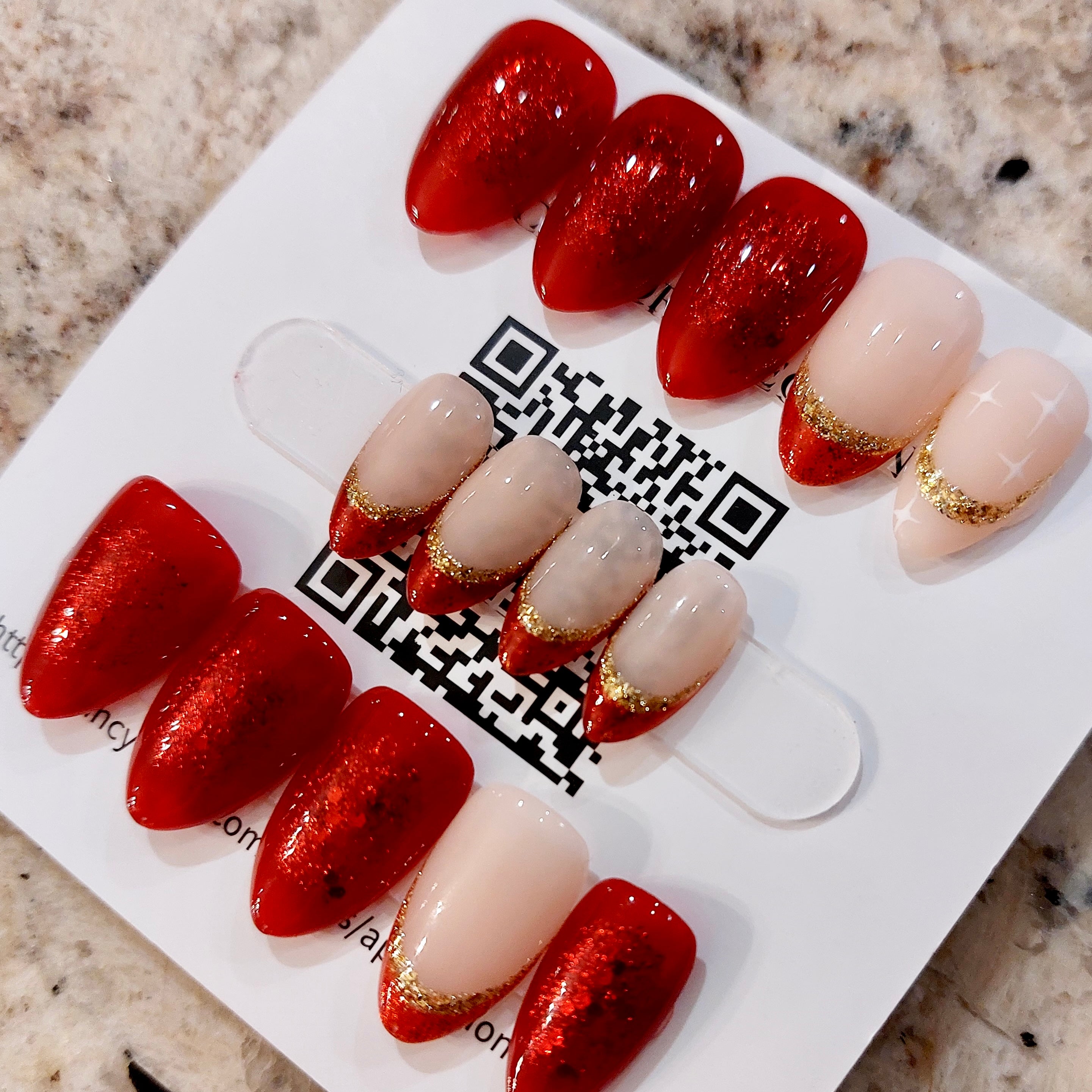 Red & Gold Glitter Nails (24pcs)