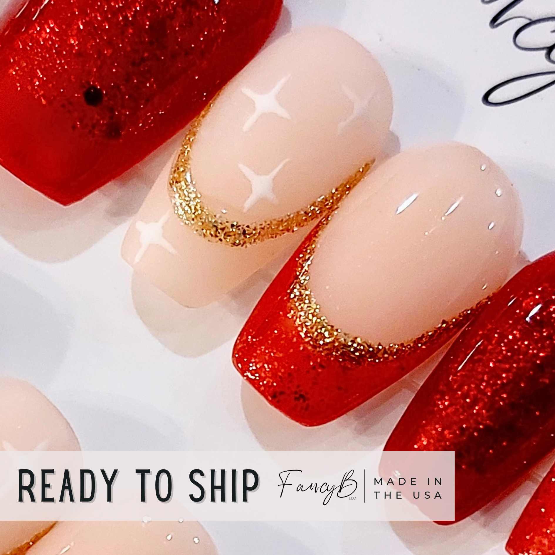 Red & Gold Glitter Nails (24pcs)