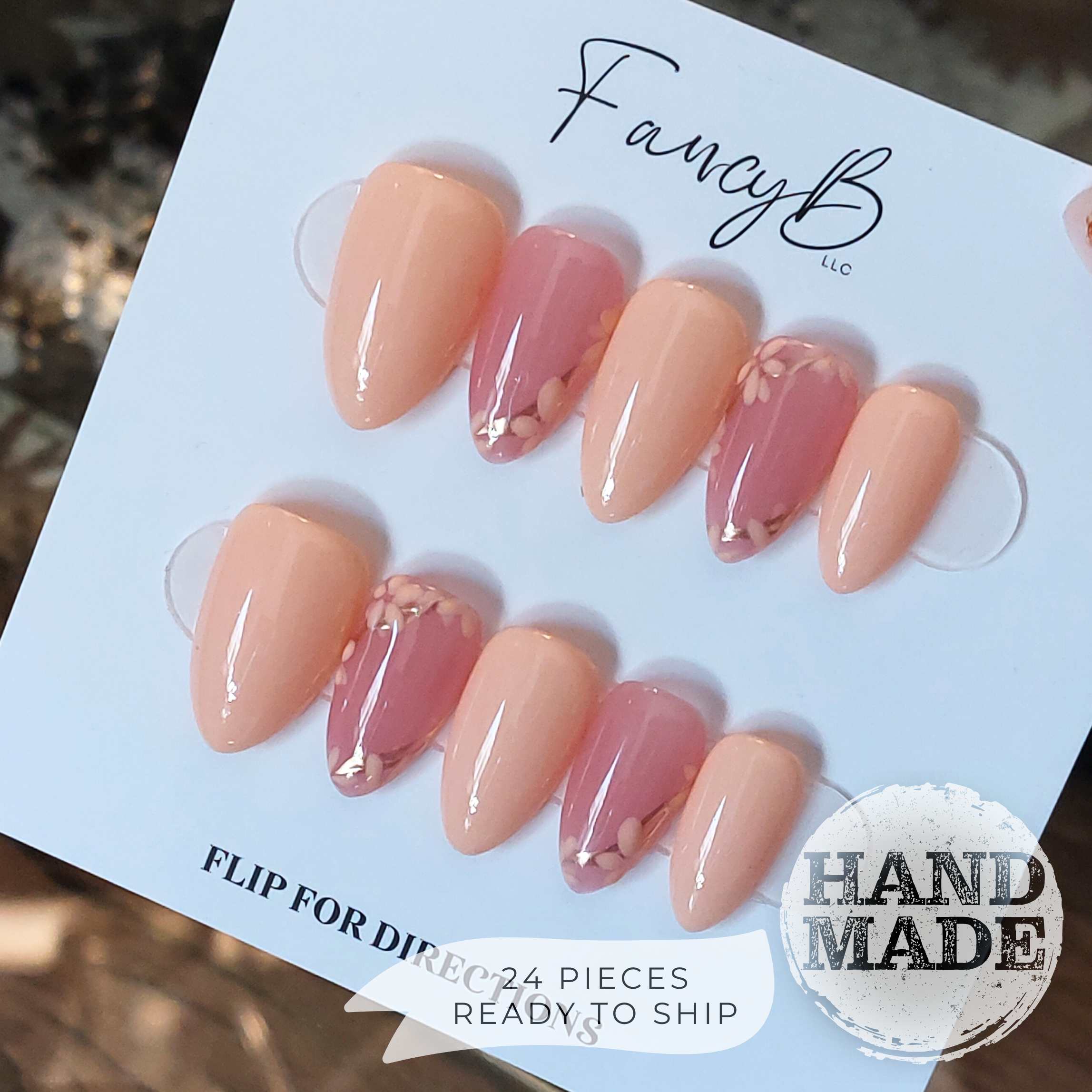 Peach and pink flower nails, springy floral press on nails with gold details, 24 piece reusable nails. Handmade FancyB Nails in Medium Almond.