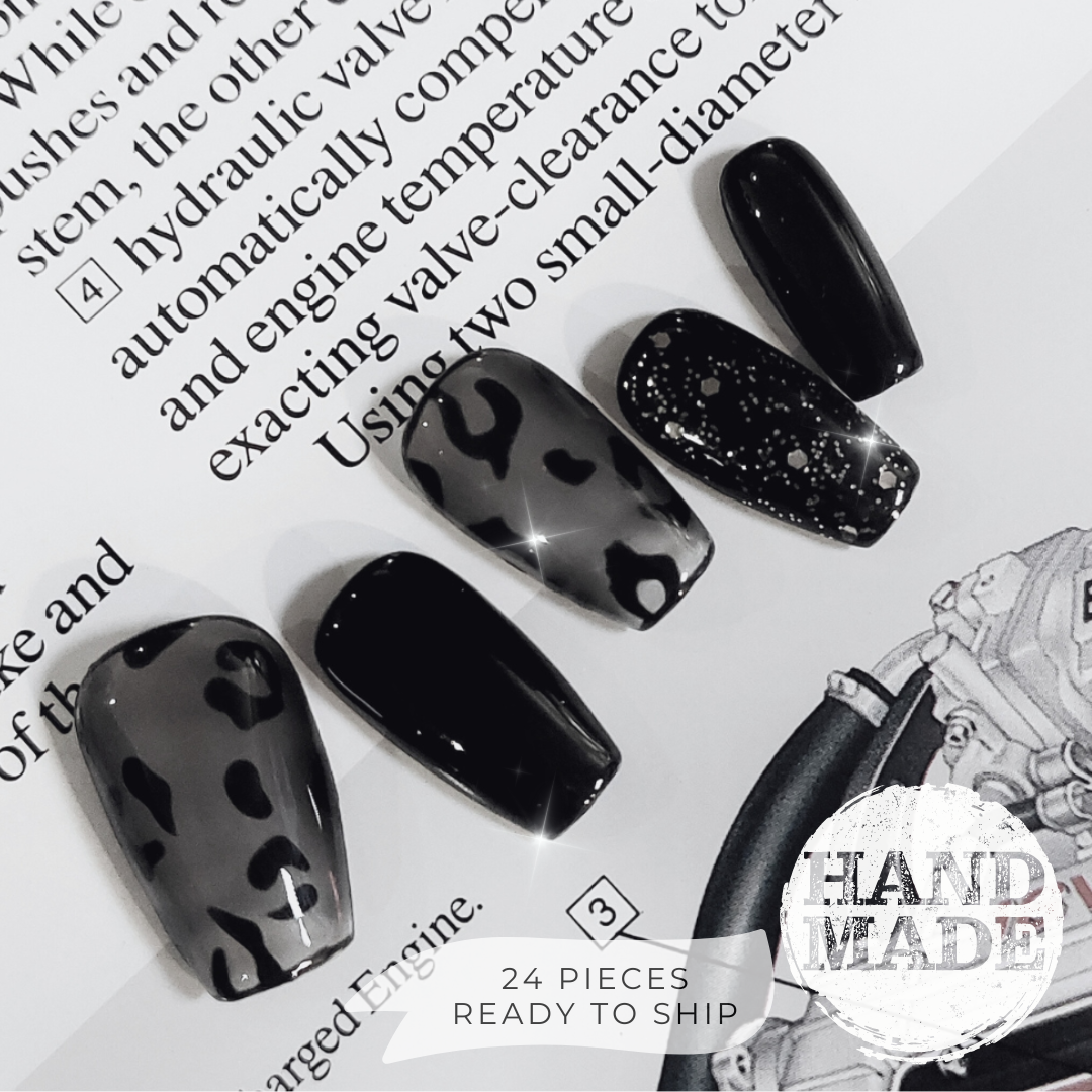 Black Leopard Nails (24pcs) - Short Coffin