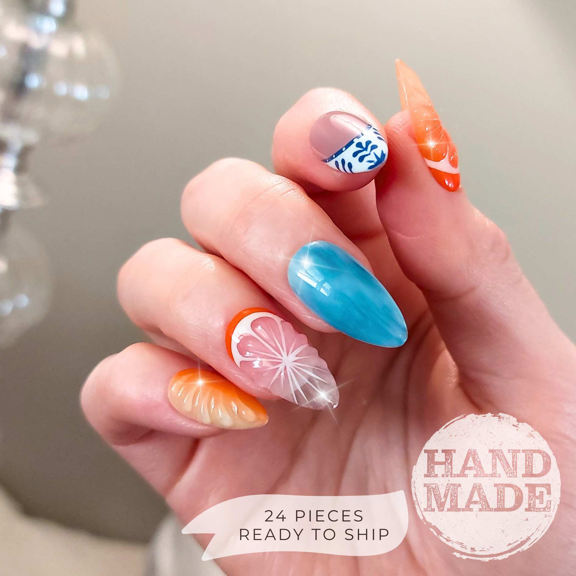 Citrus and Spanish Tile Nails (24pcs) - Medium Almond