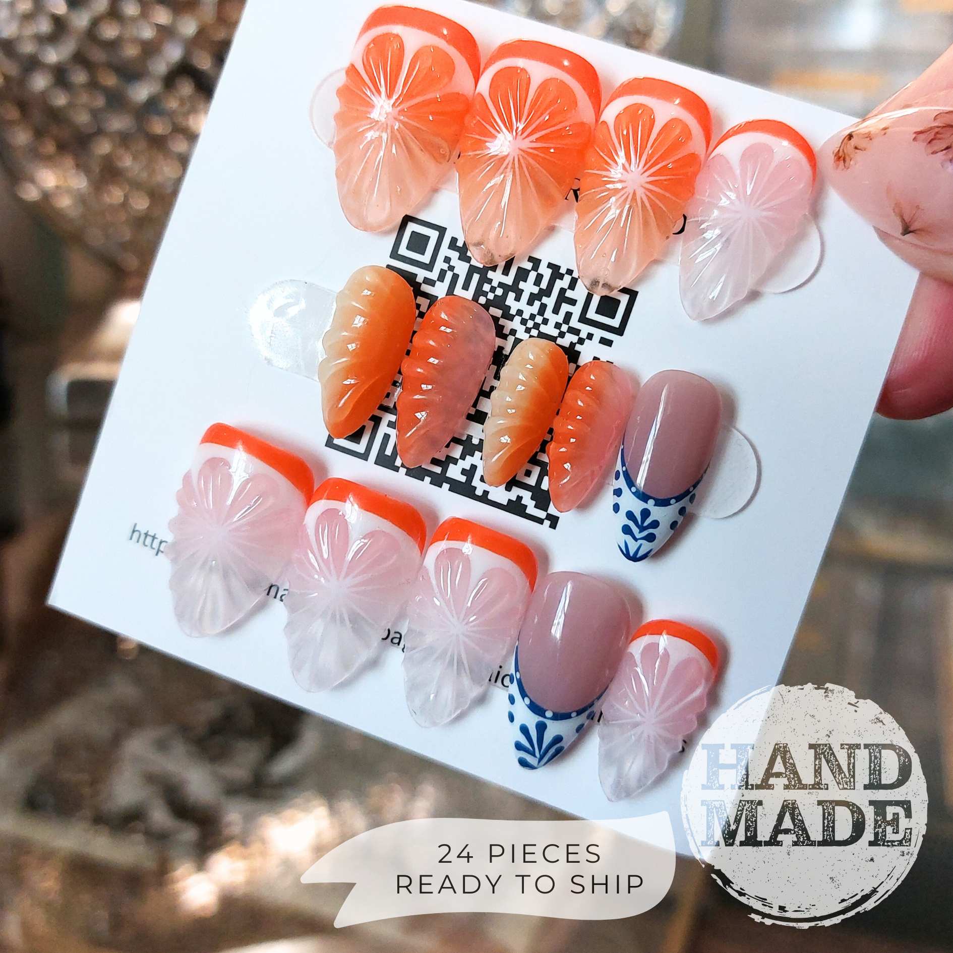 Citrus and Spanish Tile Nails (24pcs) - Medium Almond