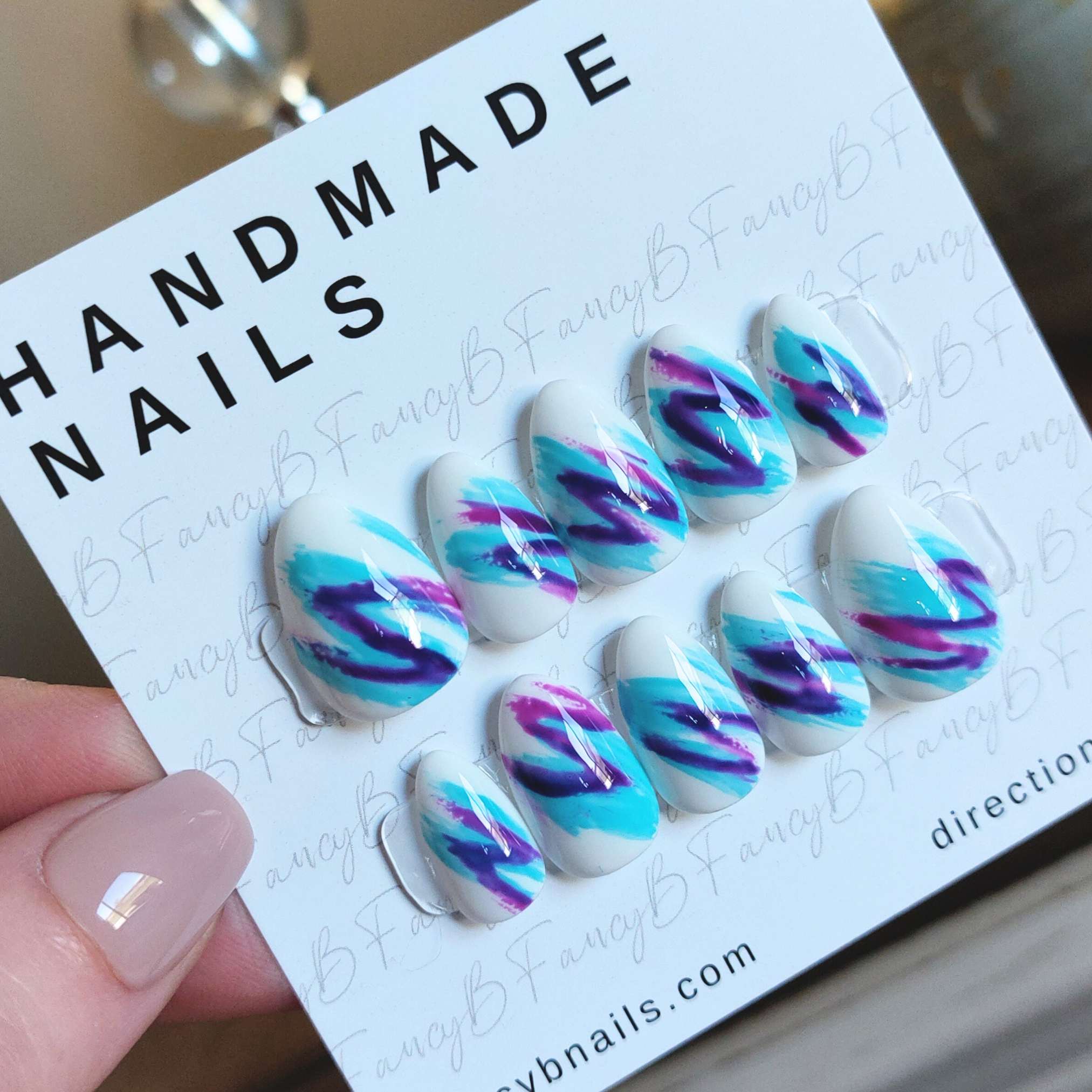custom dixie cup nails, 80s style press on nails with solo cup design teal and purple on short oval shape from fancyb press on nails