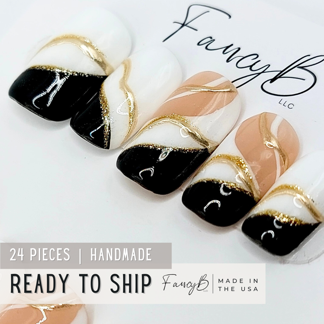 Ready to ship press on nails with 24 pieces including all sizes. Handmade reusable press on nails for sale.