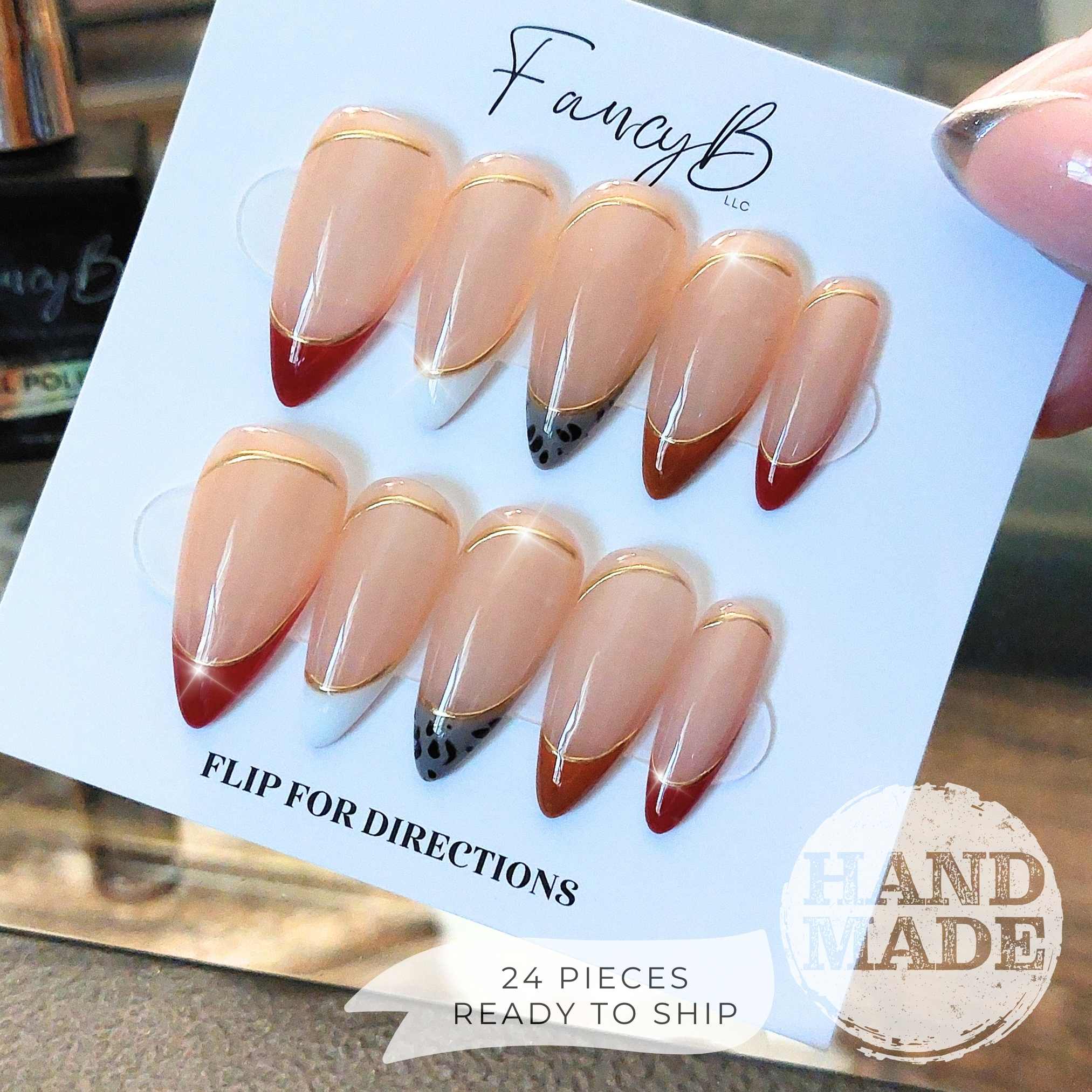 Leopard, Nude & Gold Nails (24pcs) - Medium Stiletto