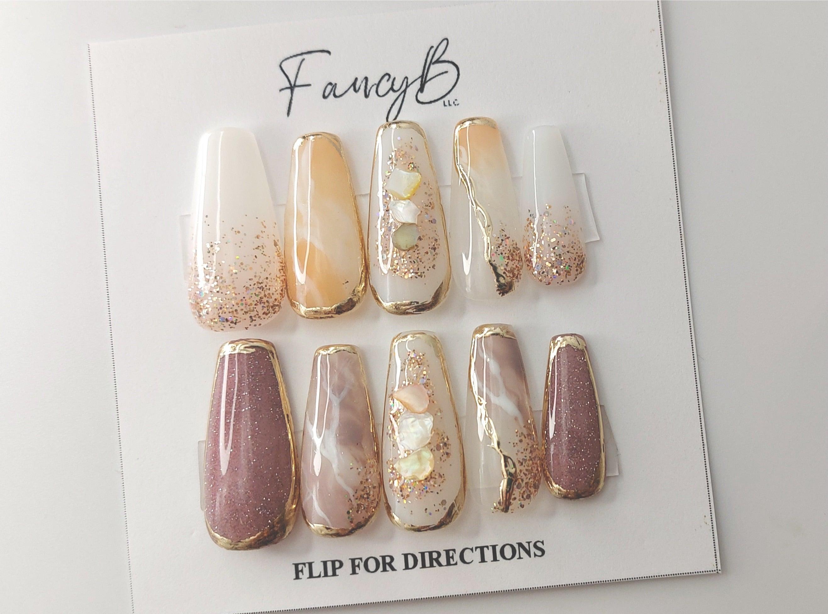 Pearly Passion | Elegant Beachy Pearl Press on Nails with Shells and Gold Chrome - FancyB Press-on Nails
