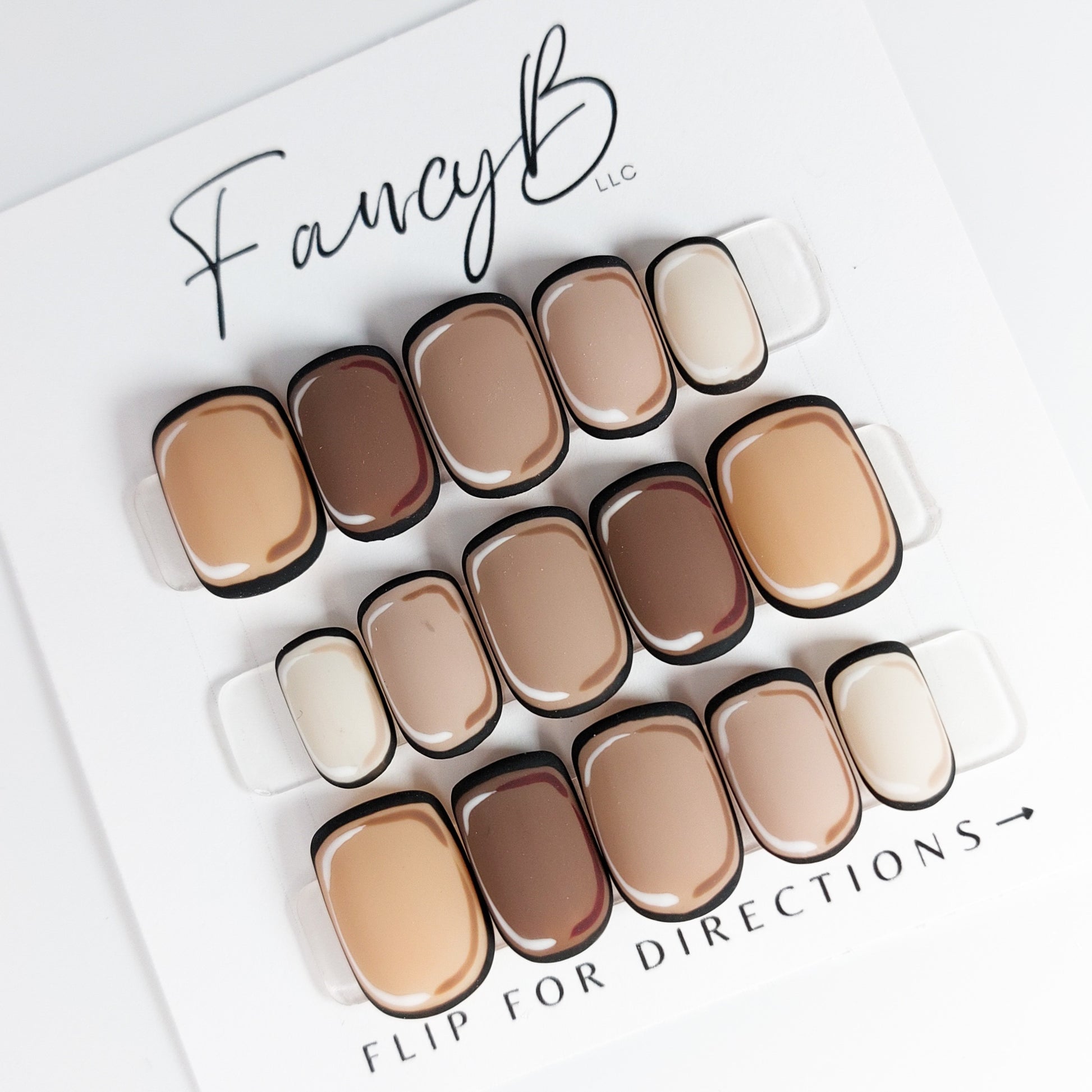 Nude gradient cartoon pop art press on nails, from light beige to soft brown in short stiletto shape.
