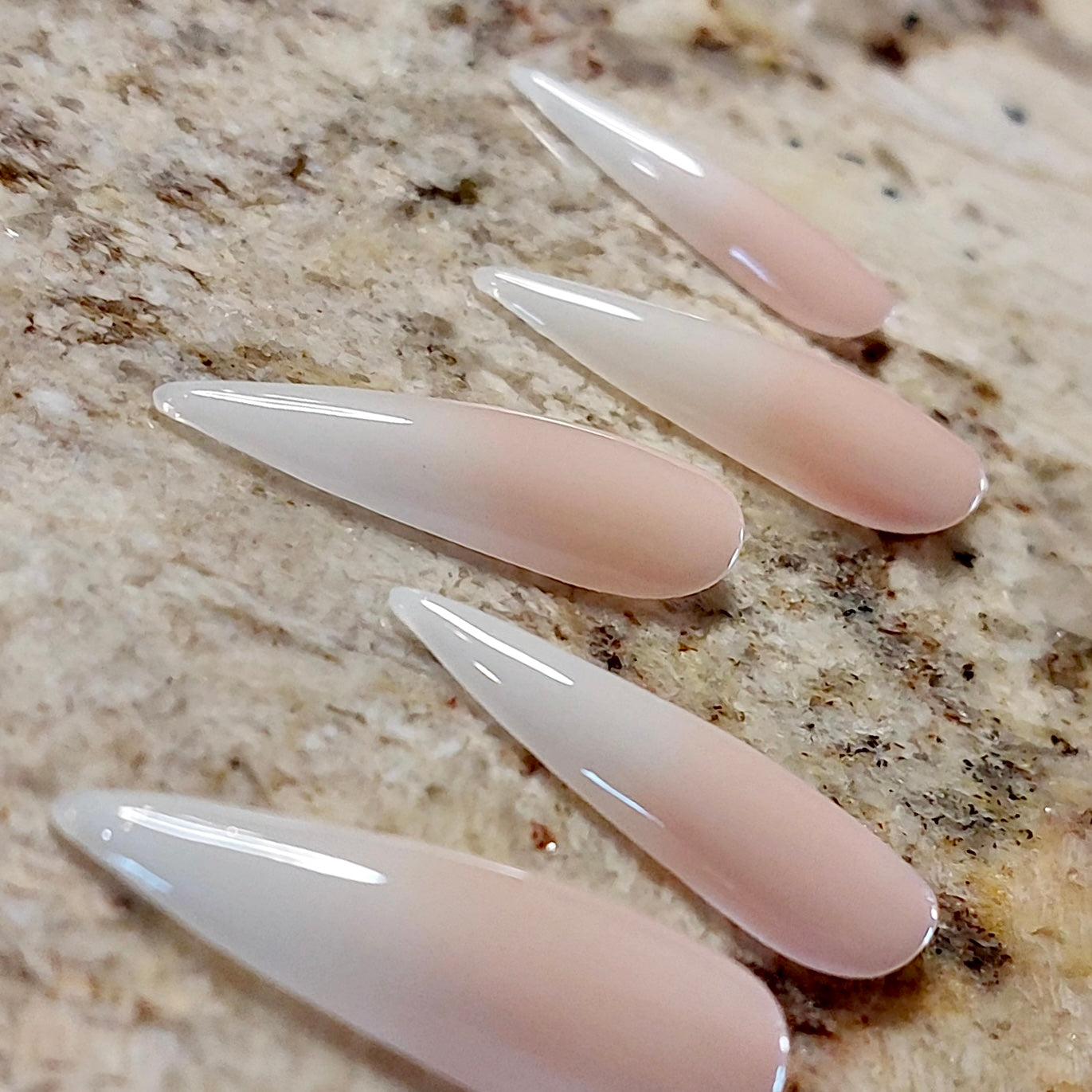 Jelly Ombré | Ombre French Style Nails with Milky Tip and Nude Jelly Base - FancyB Press-on Nails sharp stiletto ombre nails