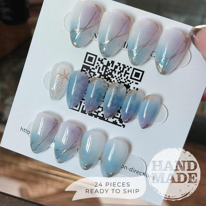 24 piece press on nails set. Sea glass ocean nails with starfish, handmade ocean mermaid theme nails from fancyb nails. Short almond press on nails.