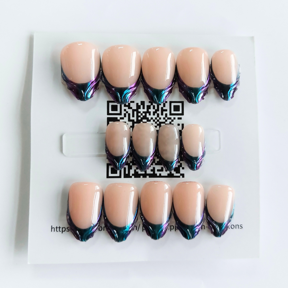 Purple &amp; Blue Chrome French Nails (24pcs) - Short Almond