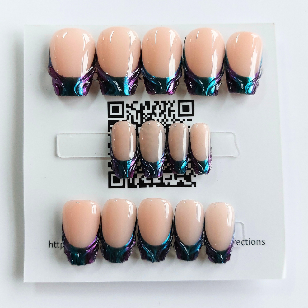 Purple &amp; Blue Chrome French Nails (24pcs) - Short Coffin