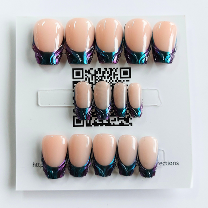 Purple &amp; Blue Chrome French Nails (24pcs) - Short Coffin