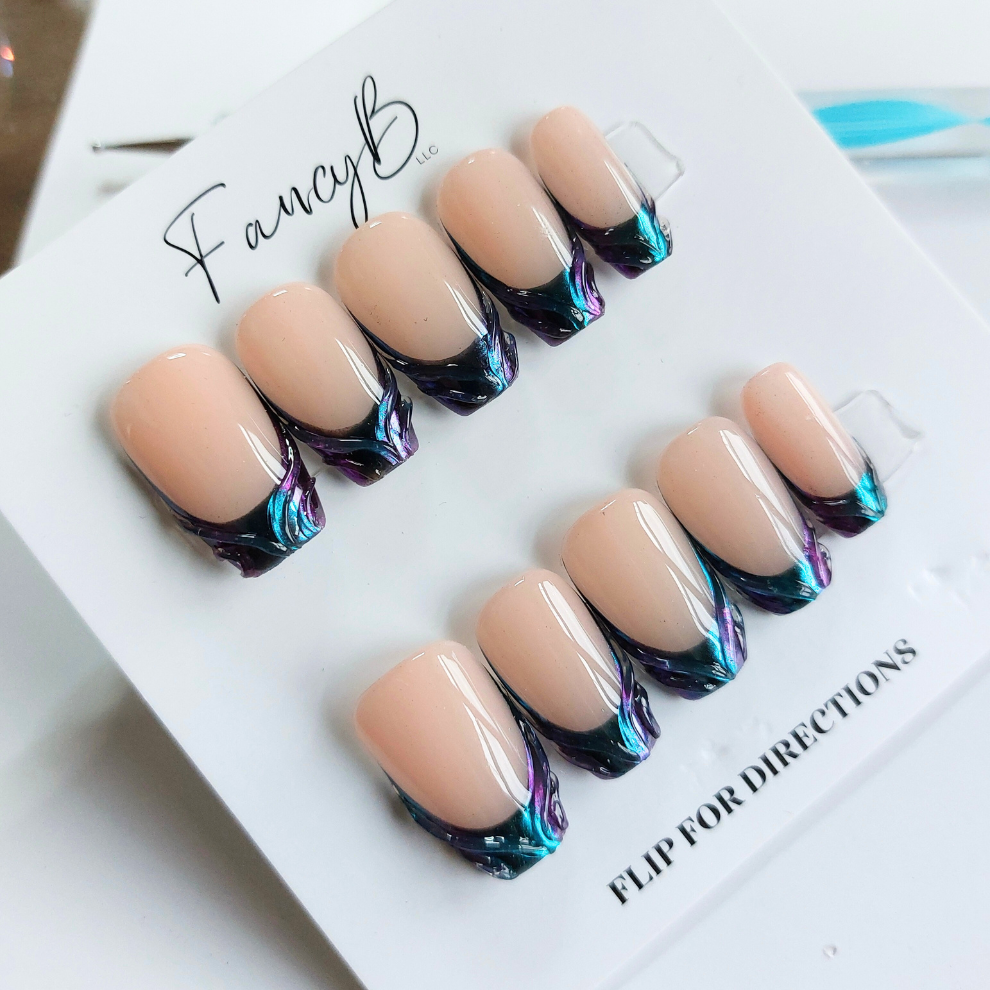 Purple &amp; Blue Chrome French Nails (24pcs) - Short Coffin