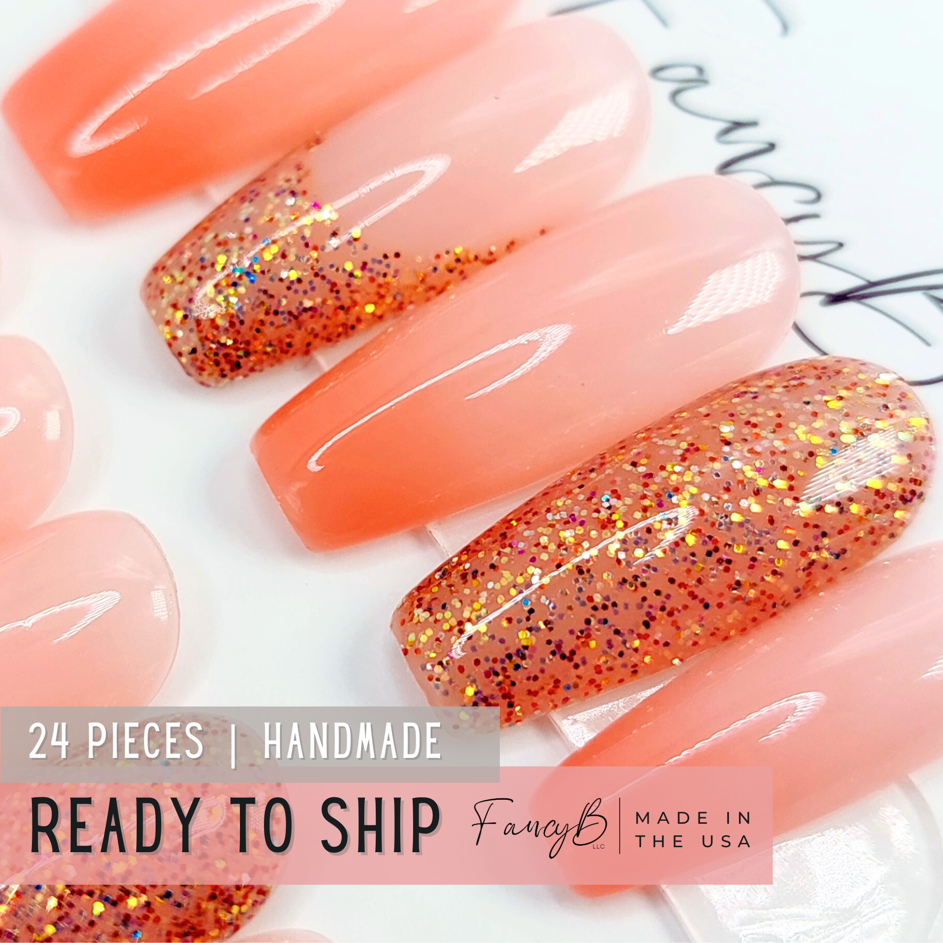Coral Pink Ombre Press on Nails (24pcs), Handmade