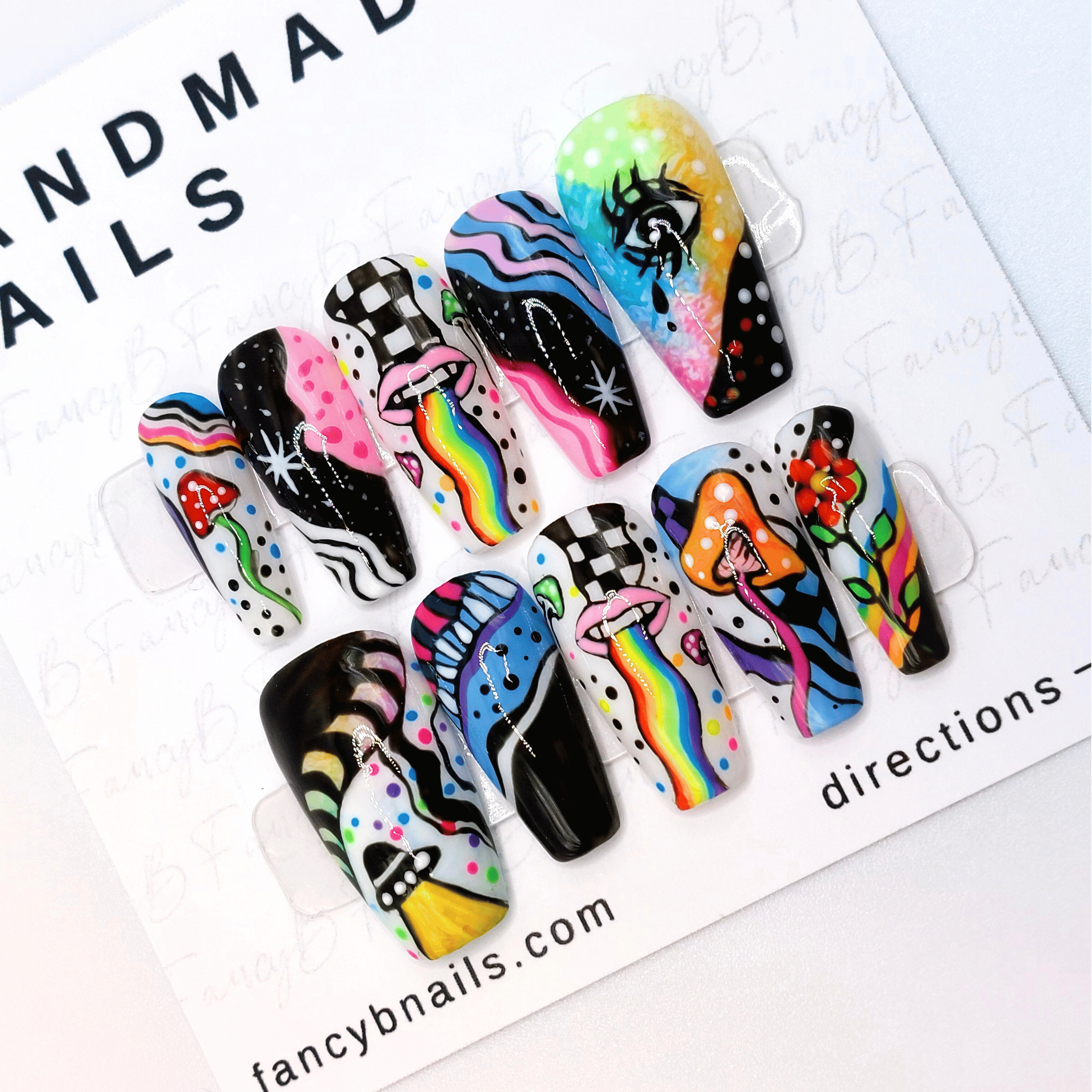 custom psychedelic nails, colorful trippy mushroom and rainbow nails with ufos and aliens, psychedelic press on nails in medium coffin, hand painted handmade nails from fancyb nails.