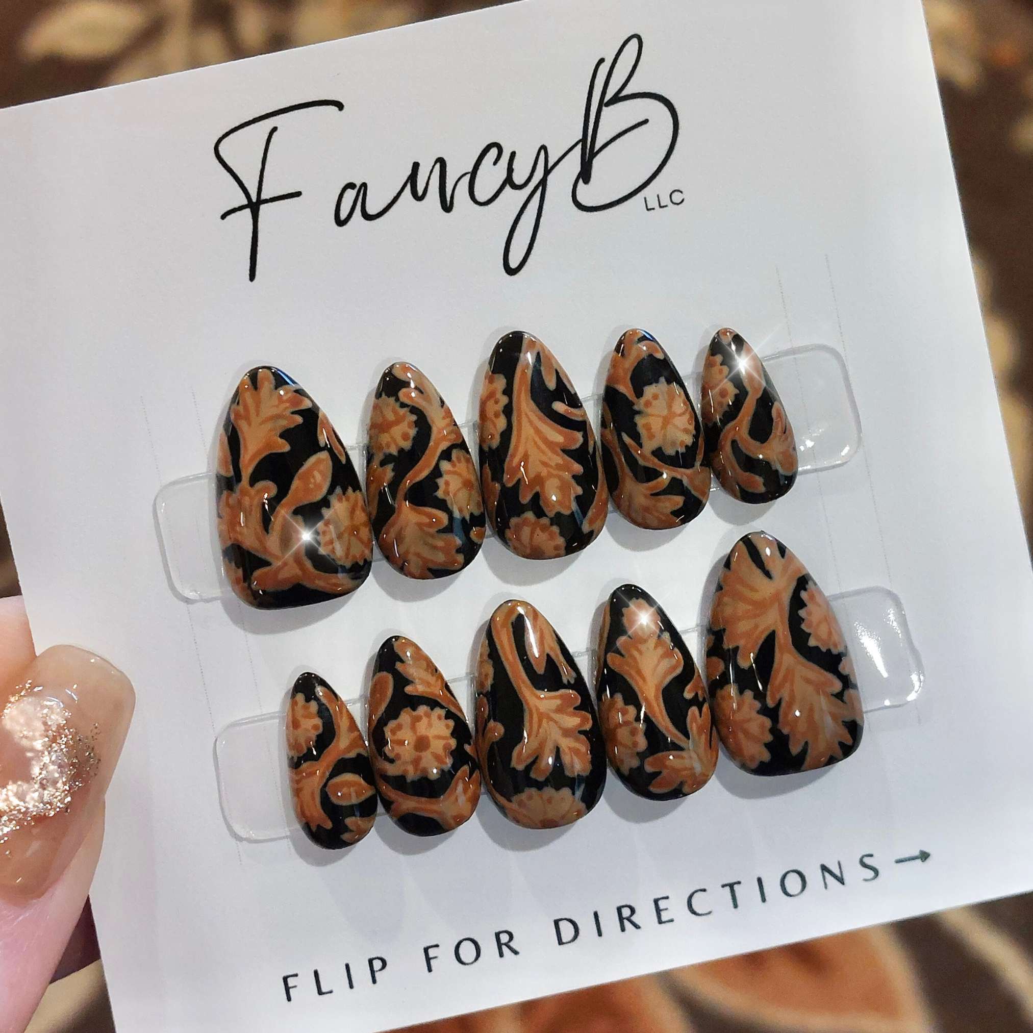 Custom tooled leather nails, handmade luxury press ons in a short almond shape from fancyb nails