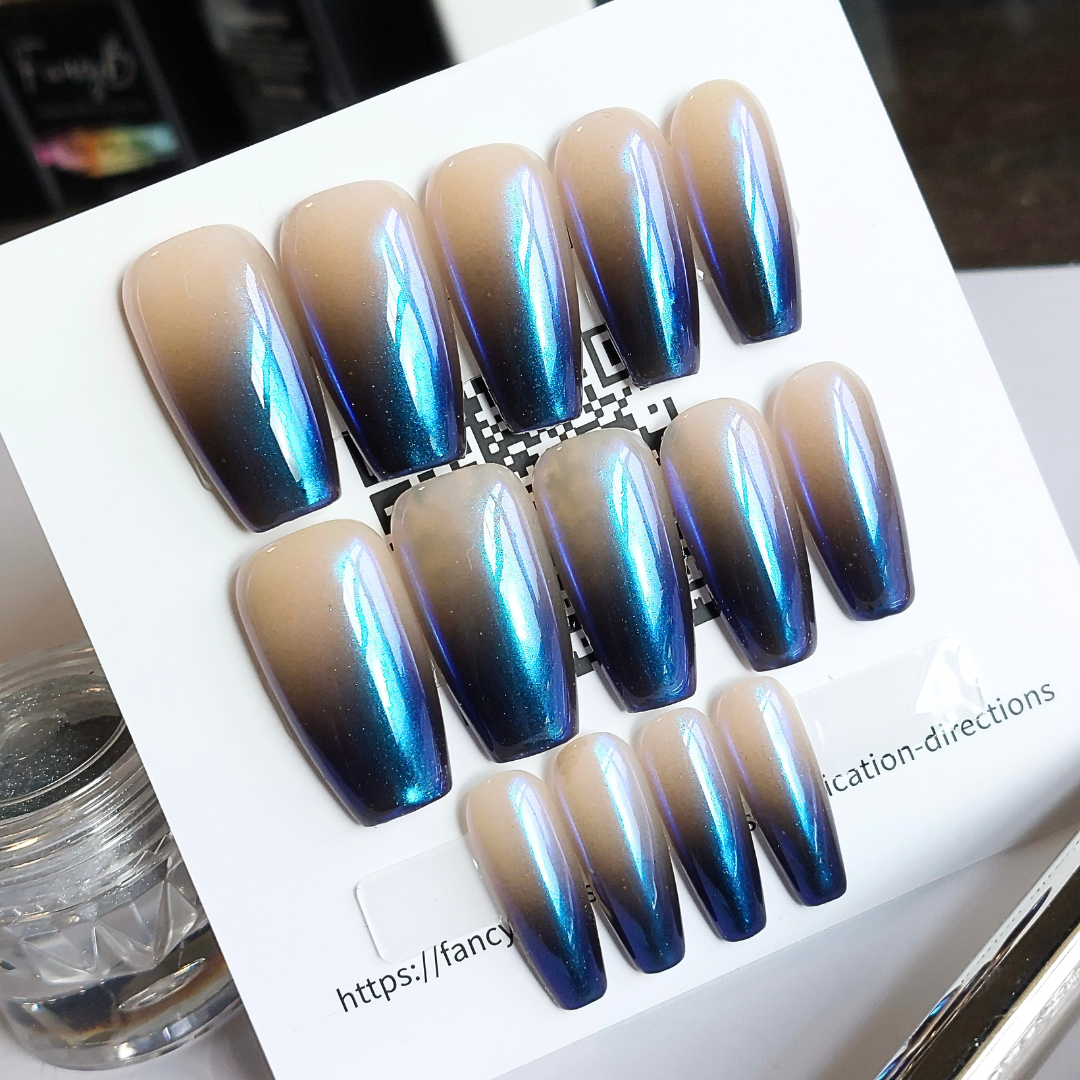 Opalescent Sapphire Ombré Nails (24pcs) - Medium Coffin