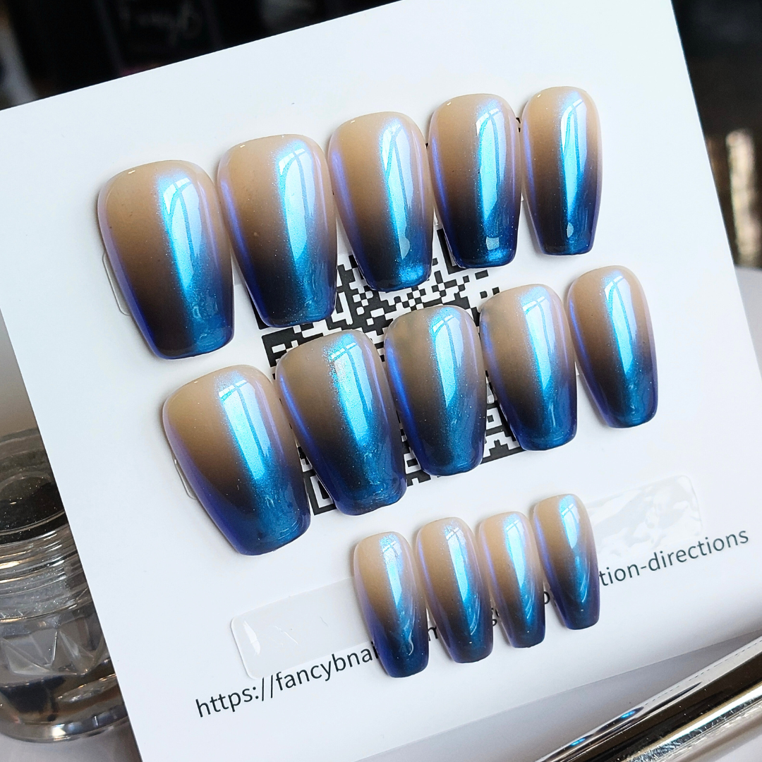 Opalescent Sapphire Ombré Nails (24pcs) - Short Coffin