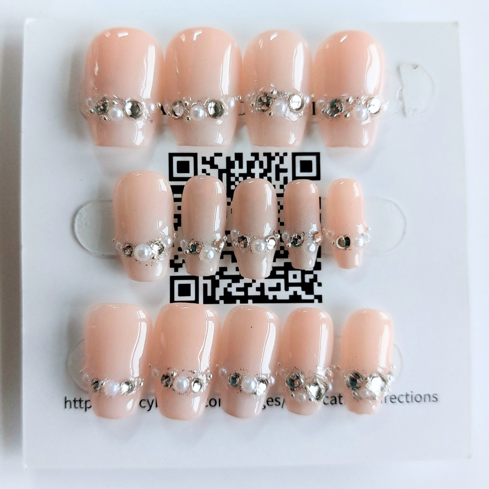 Diamond &amp; Pearl French Tip Nails (24pcs) - Short Coffin