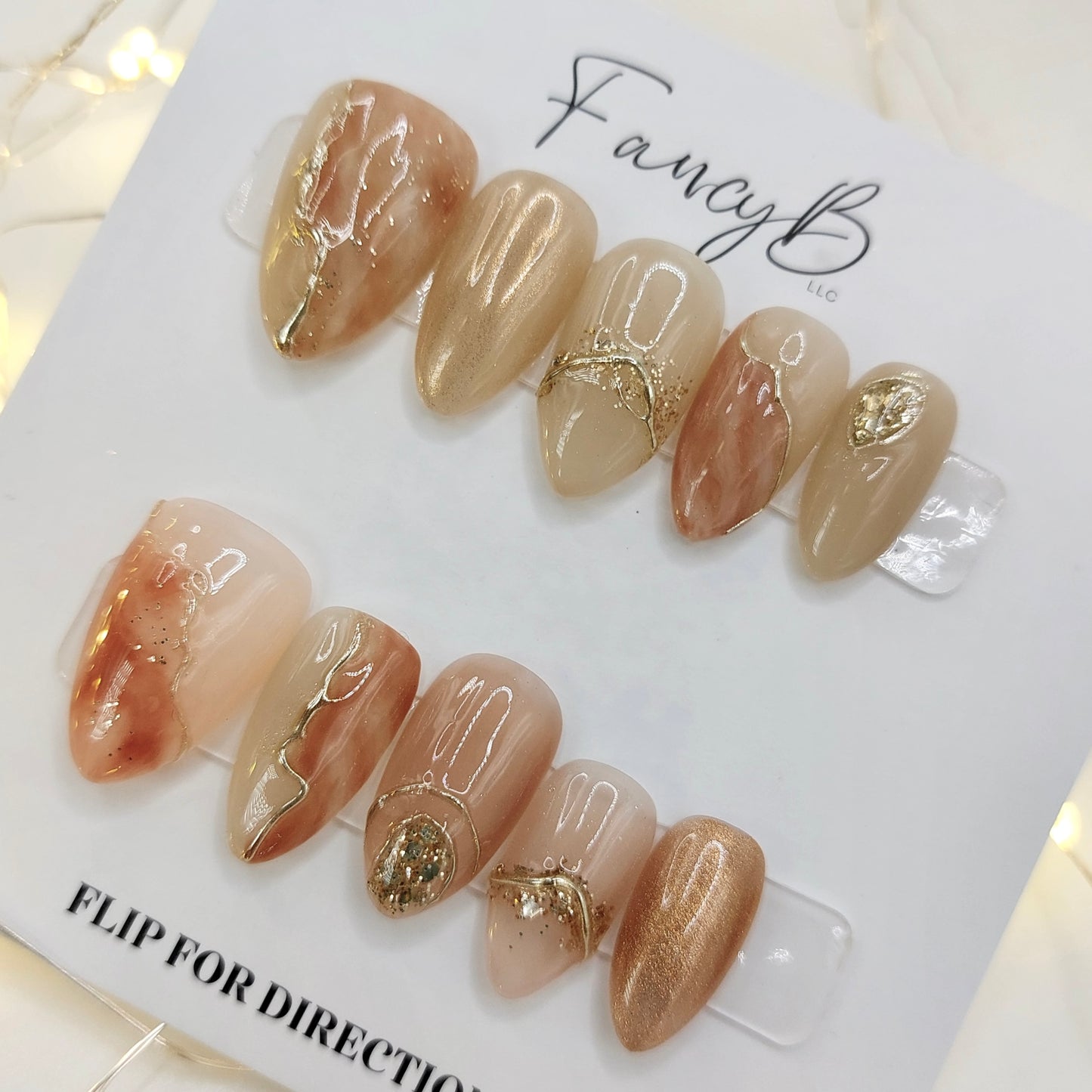 Marble & Gold Chrome Nails - (20pcs) Short Almond