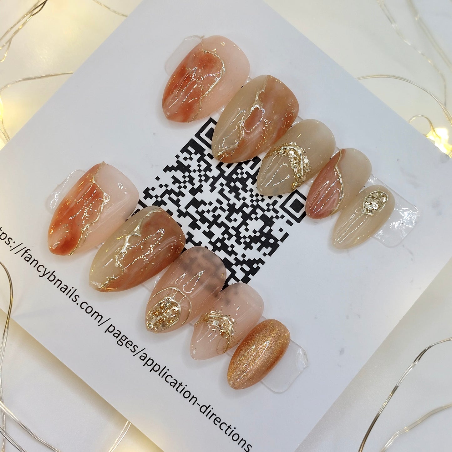 Marble & Gold Chrome Nails - (20pcs) Short Almond