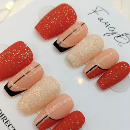 Red Glitter French Tip - (20pcs) Short Coffin