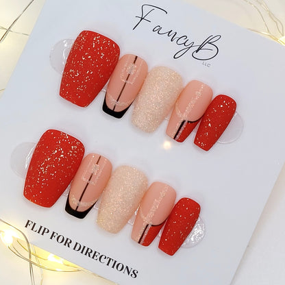 Red Glitter French Tip - (20pcs) Short Coffin